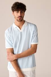 Blue/White Cuban Collar Textured 100% Cotton Short Sleeve Polo Shirt - Image 1 of 8