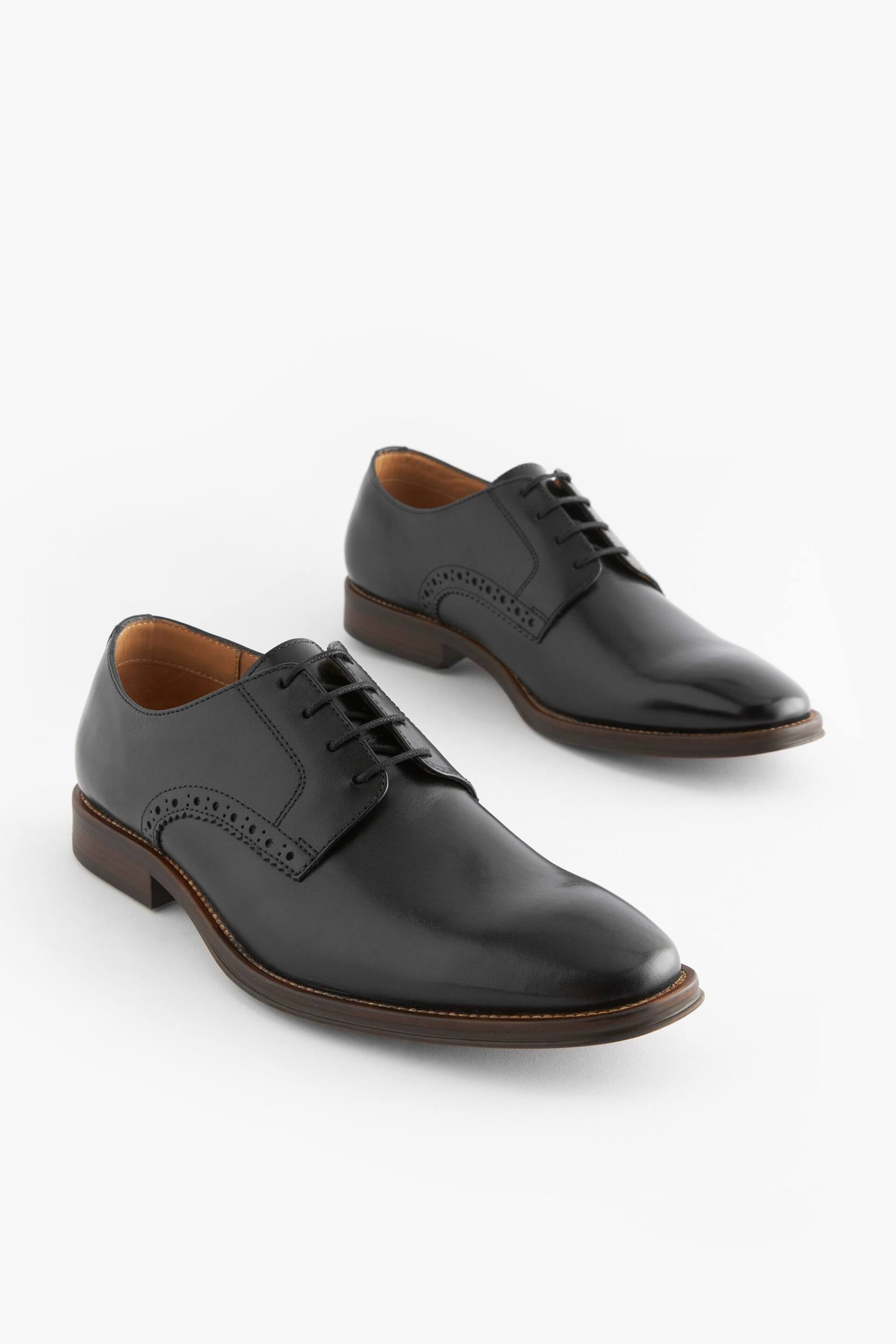 Black Regular Fit Leather Contrast Sole Derby Shoes - Image 2 of 6