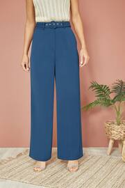 Yumi Blue Straight Leg Crepe Trousers With Belt - Image 1 of 4