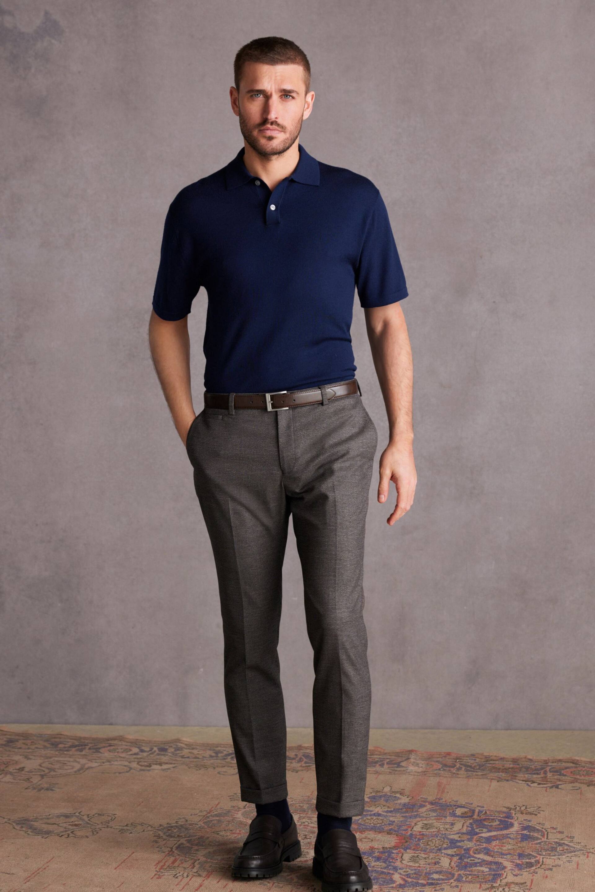 Navy Blue Knitted Premium Merino Wool Regular Fit Polo Shirt - Image 2 of 7