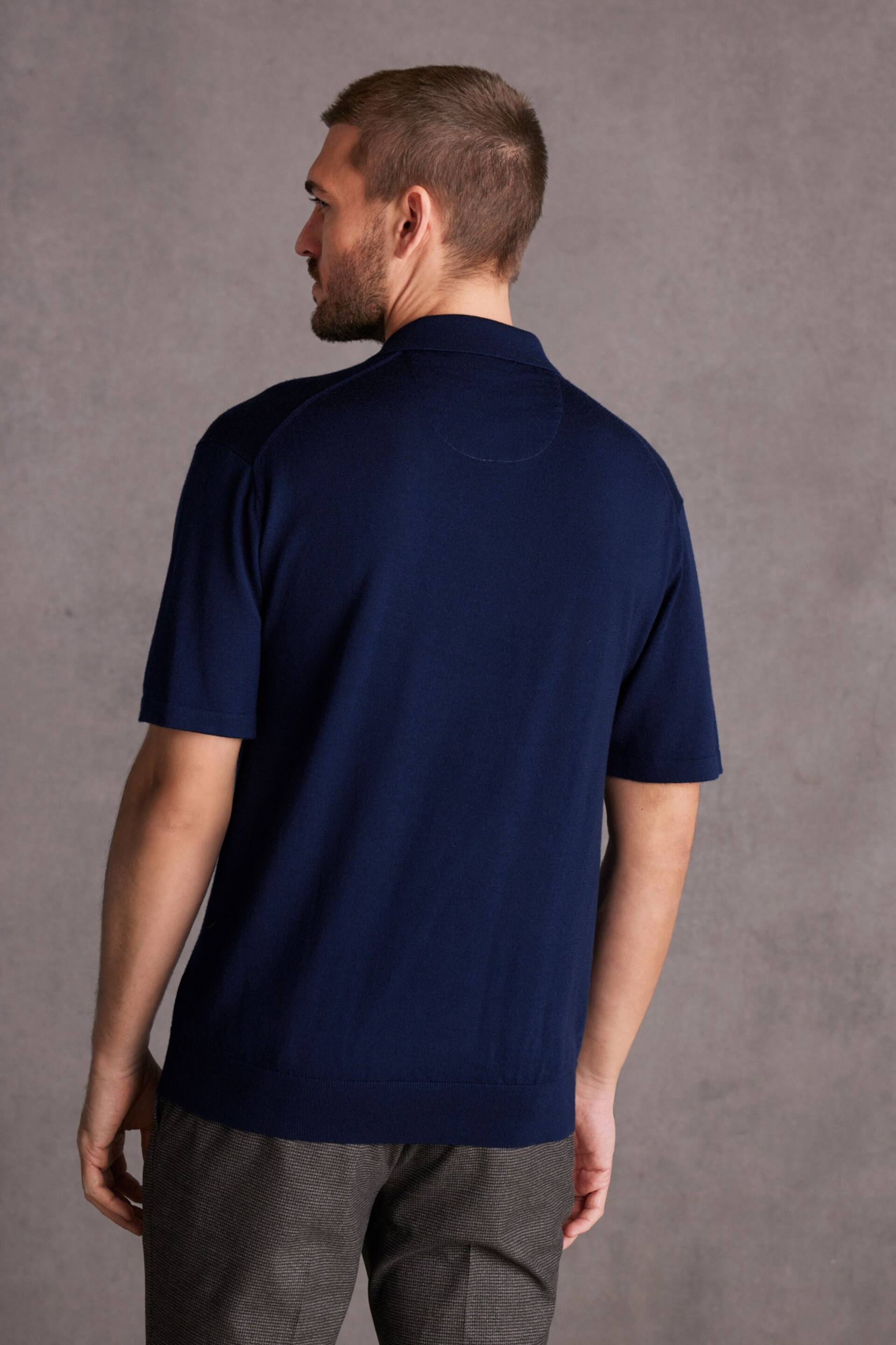 Navy Blue Knitted Premium Merino Wool Regular Fit Polo Shirt - Image 3 of 7