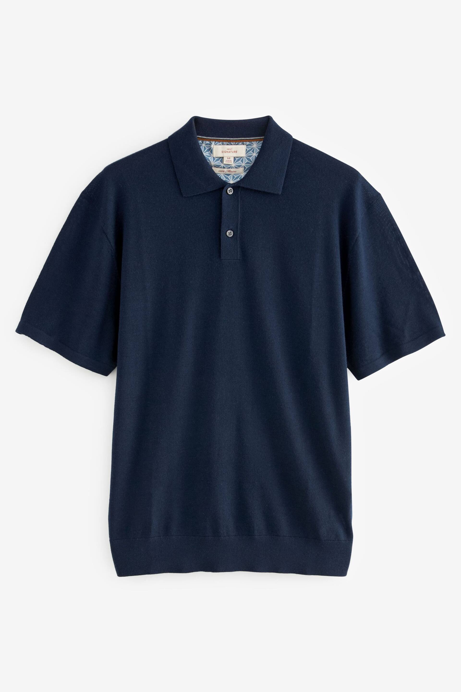 Navy Blue Knitted Premium Merino Wool Regular Fit Polo Shirt - Image 5 of 7