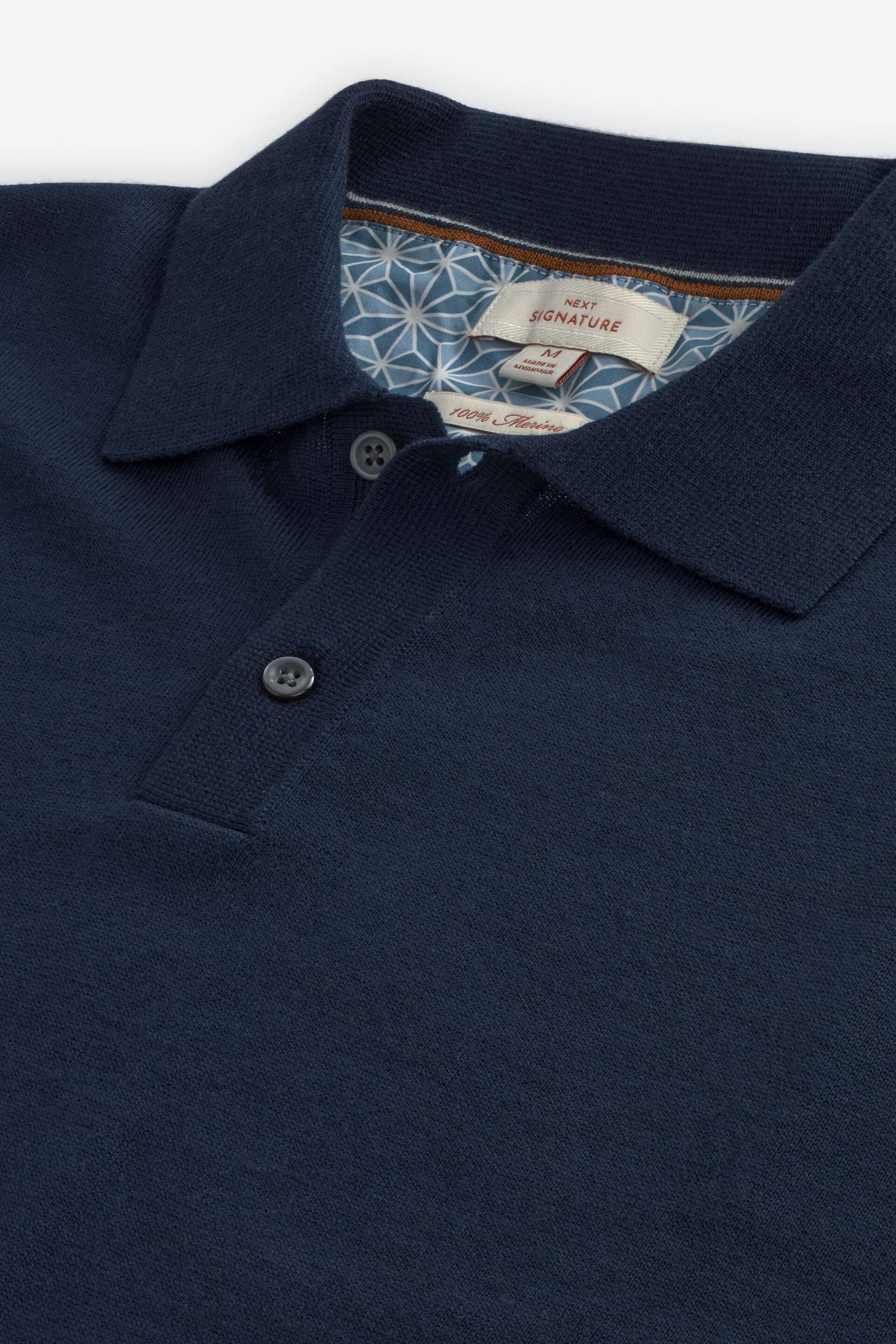 Navy Blue Knitted Premium Merino Wool Regular Fit Polo Shirt - Image 6 of 7