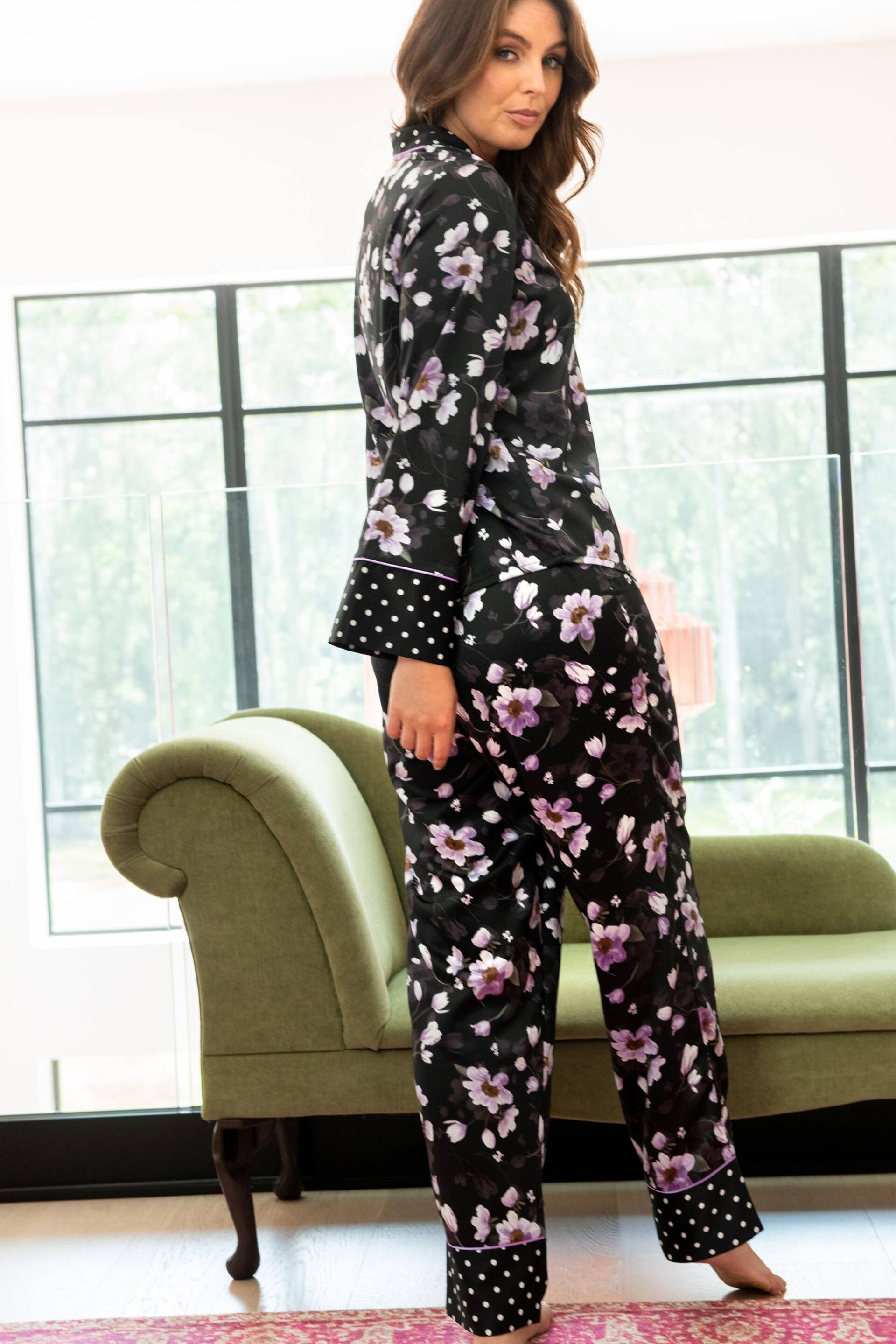 Pour Moi Black Luxe Satin Print Mix Revere Collar Pyjama Set - Image 2 of 5
