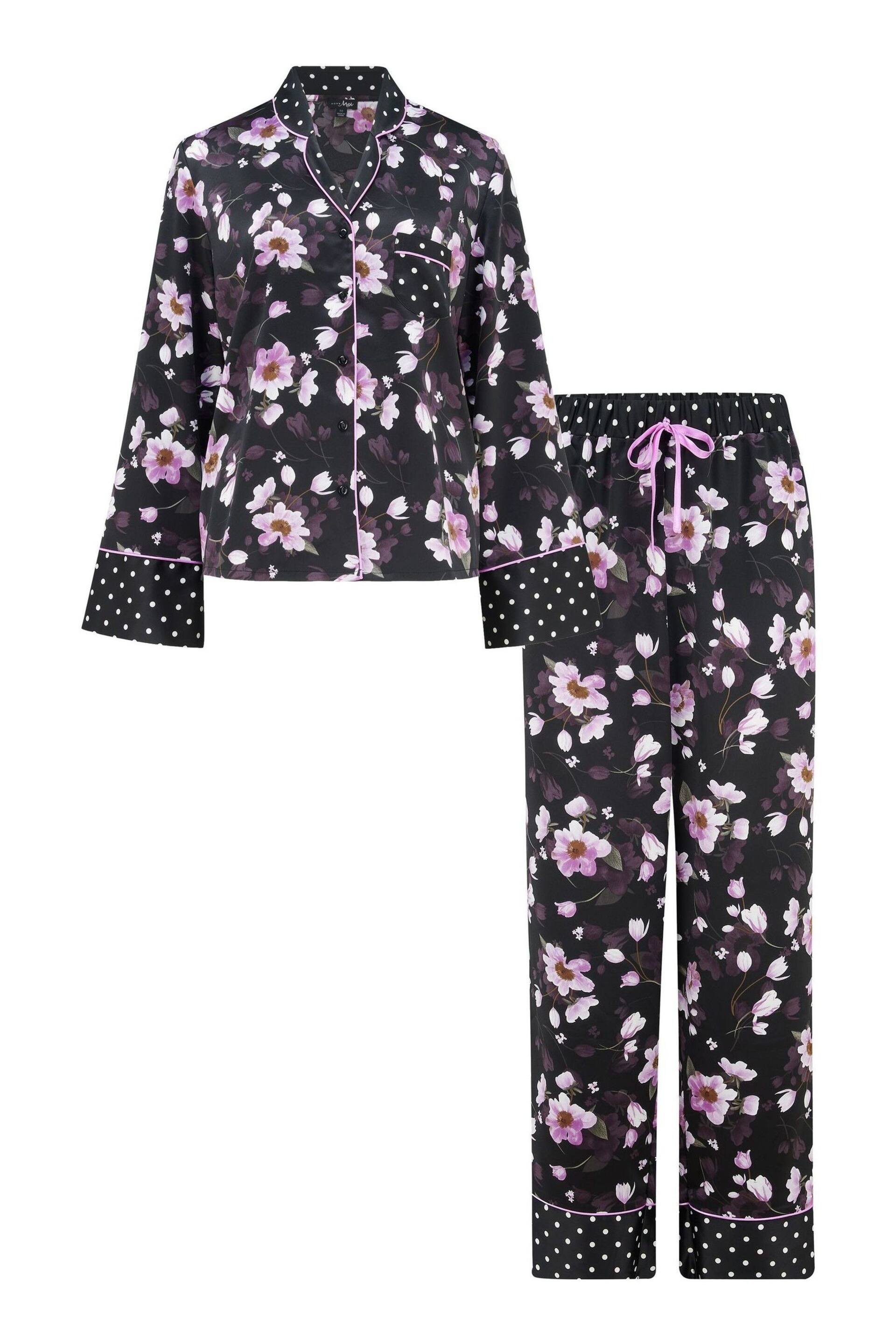 Pour Moi Black Luxe Satin Print Mix Revere Collar Pyjama Set - Image 4 of 5
