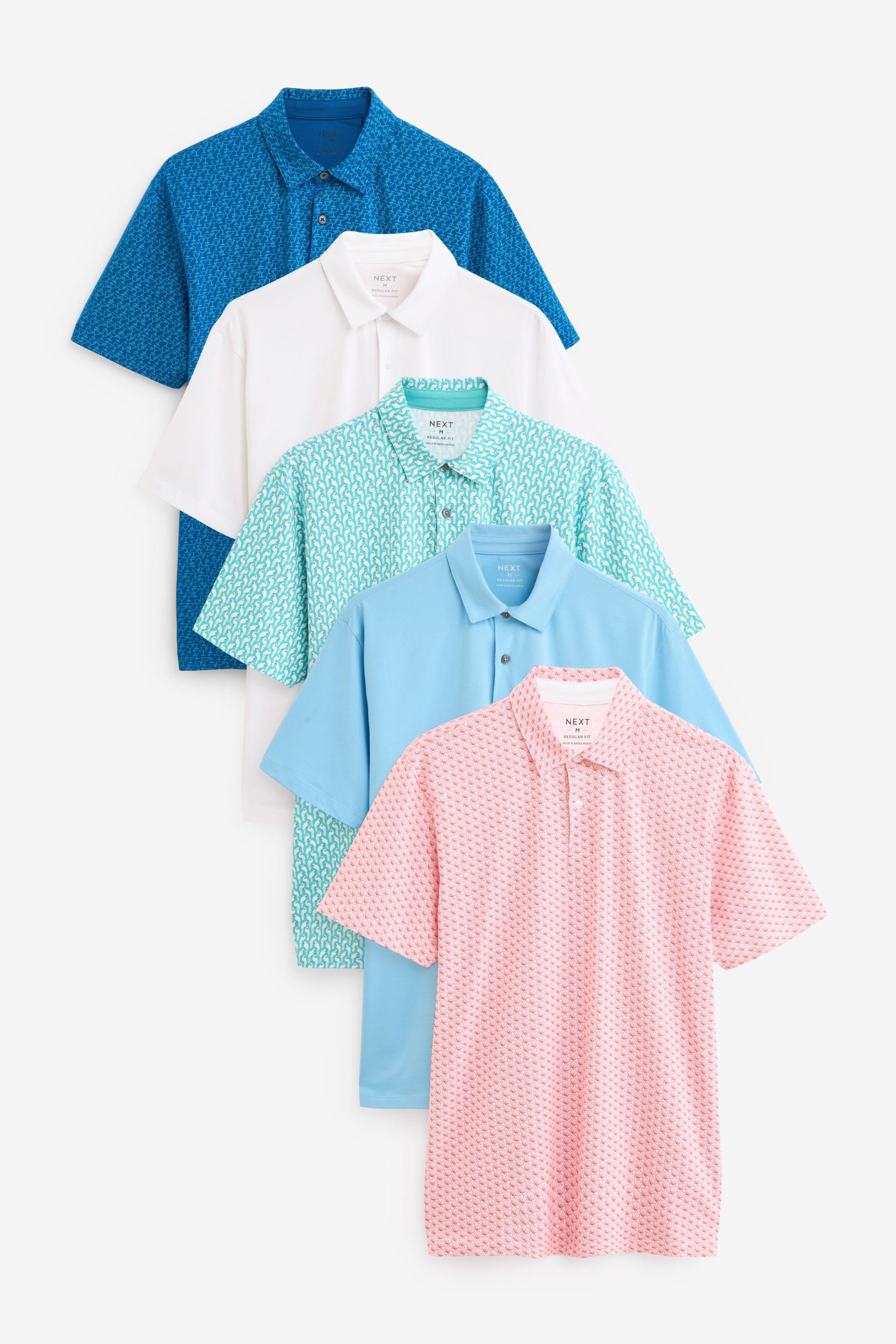 Blues/Green/White/Pink Print Regular Fit Short Sleeve Jersey Polo Shirts 5 Pack - Image 1 of 17