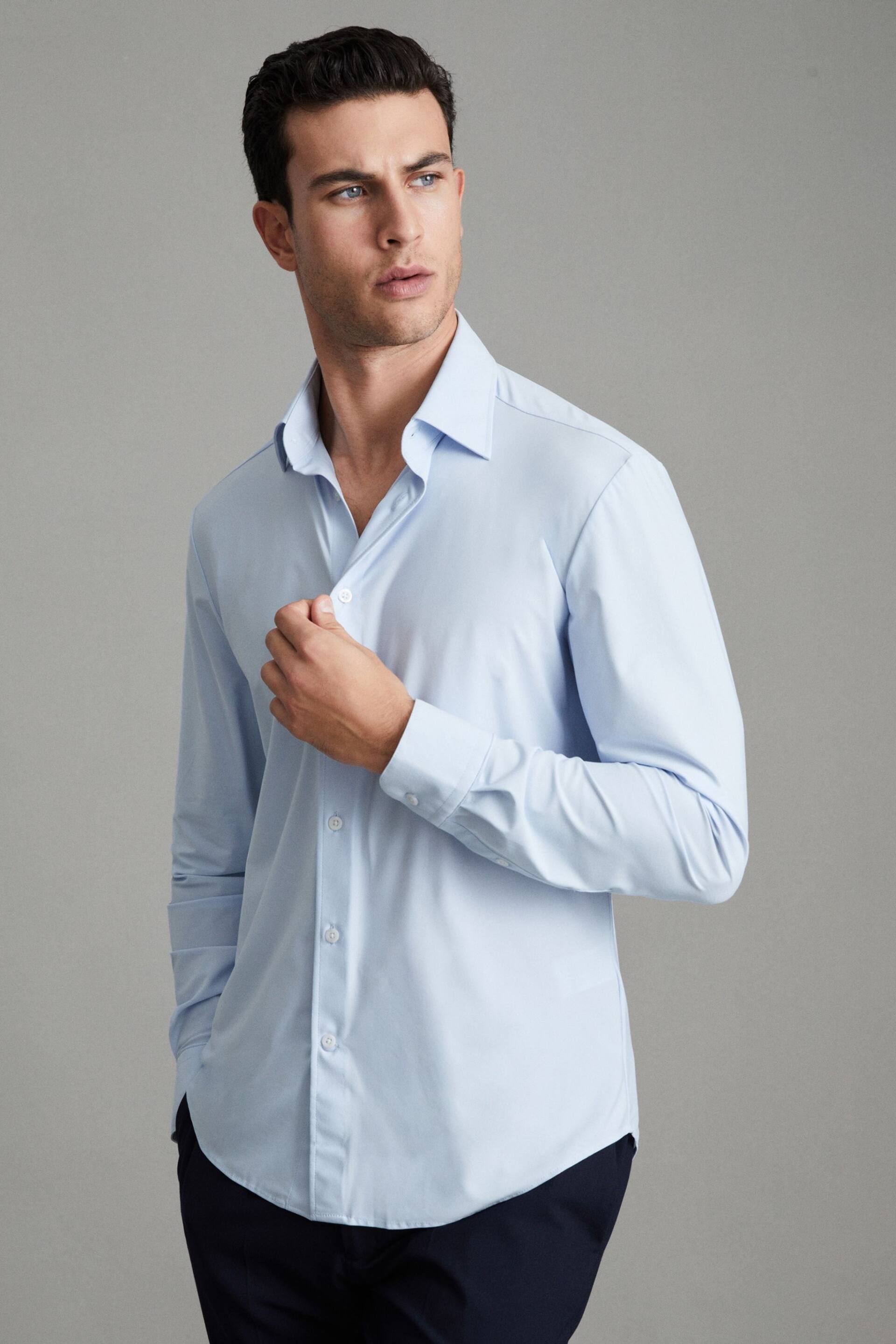 Reiss Soft Blue Voyager Slim Fit Button-Through Travel Shirt - Image 1 of 7