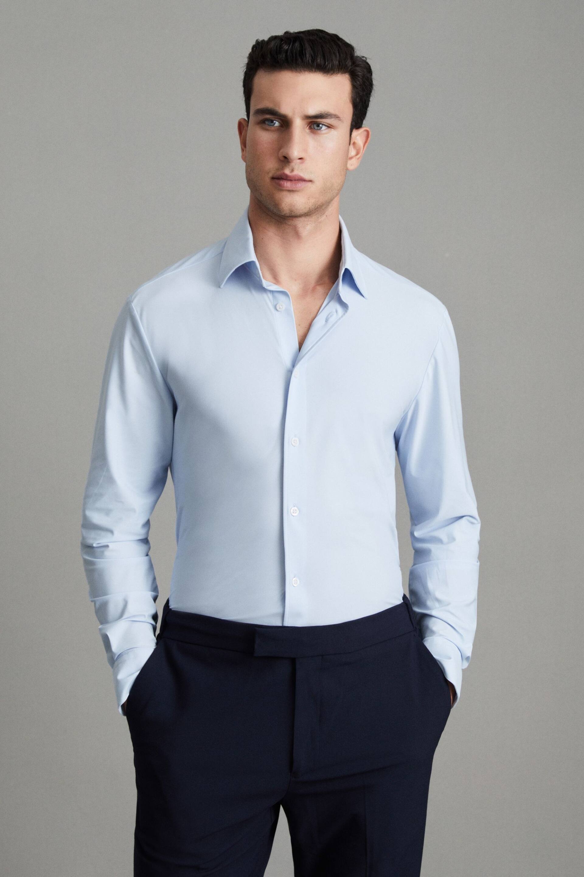 Reiss Soft Blue Voyager Slim Fit Button-Through Travel Shirt - Image 7 of 7