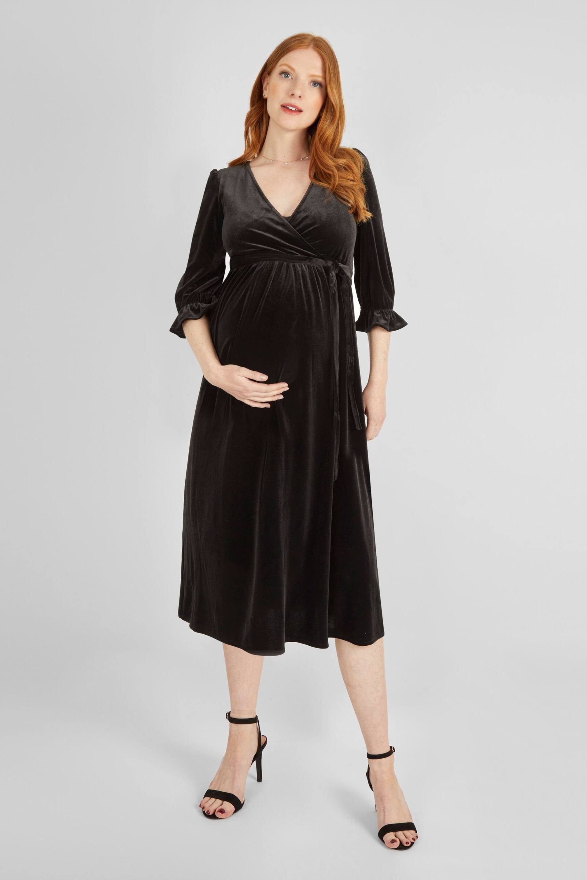 JoJo Maman Bébé Black Velvet Wrap Maternity & Nursing Dress - Image 3 of 5
