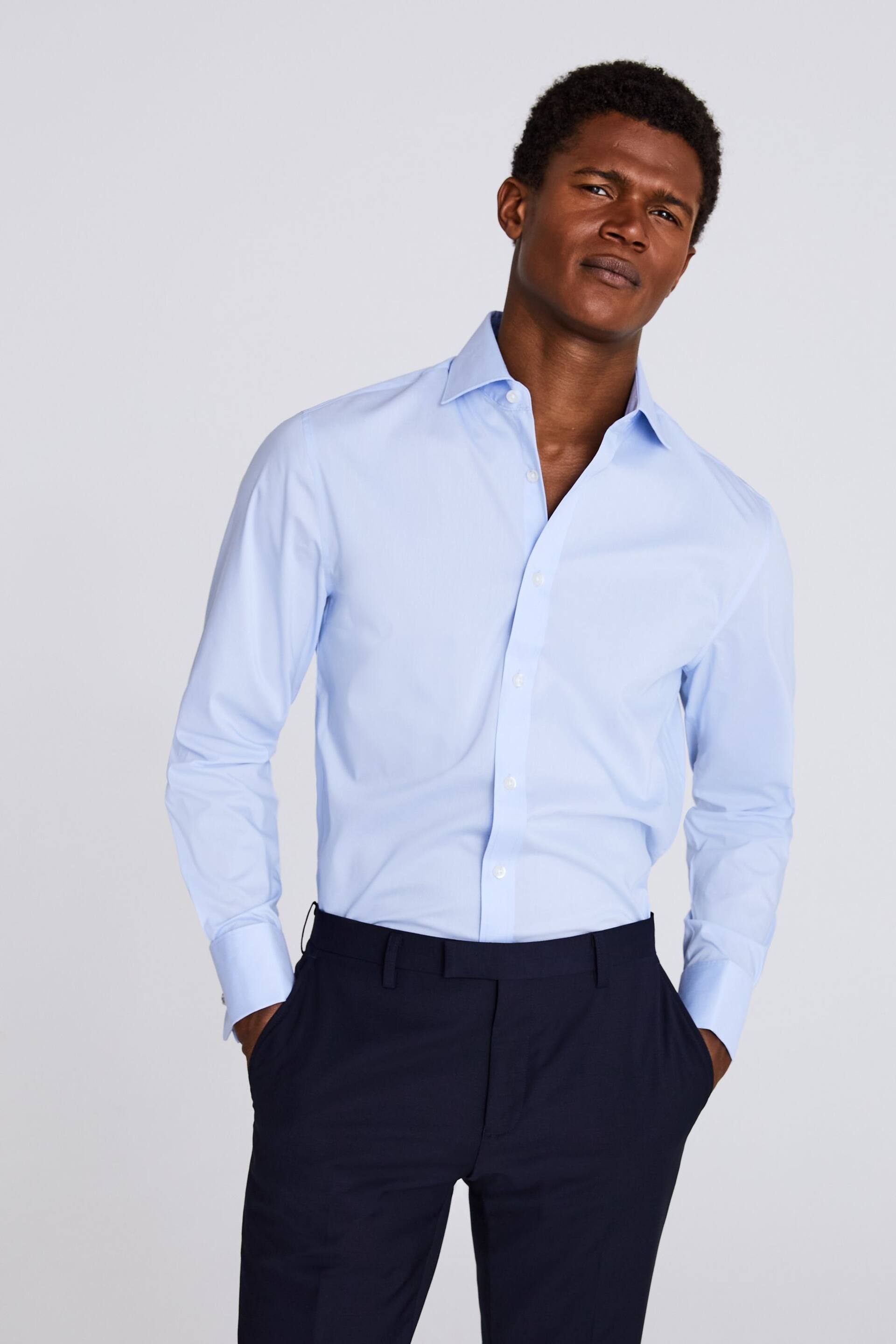 MOSS Blue Tailored Double Cuff Stretch Shirt - Image 1 of 2