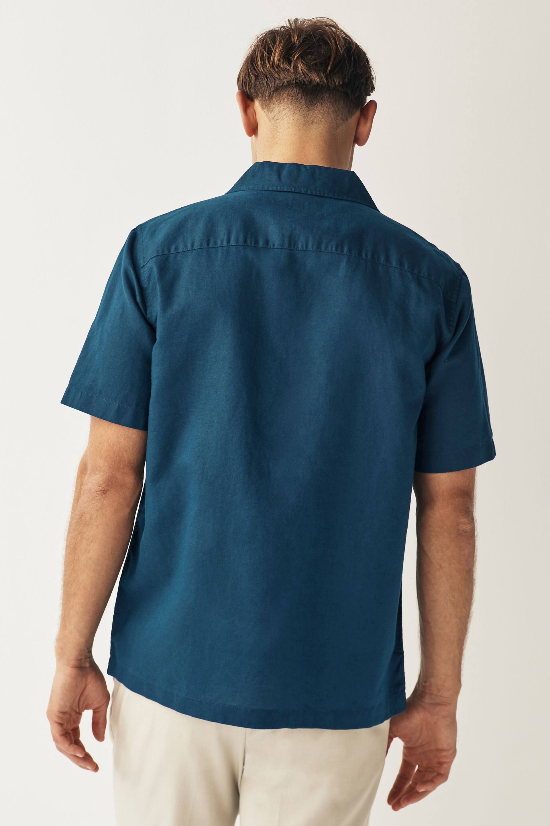 Navy Cuban Collar Linen Blend Short Sleeve Shirt - Image 2 of 7