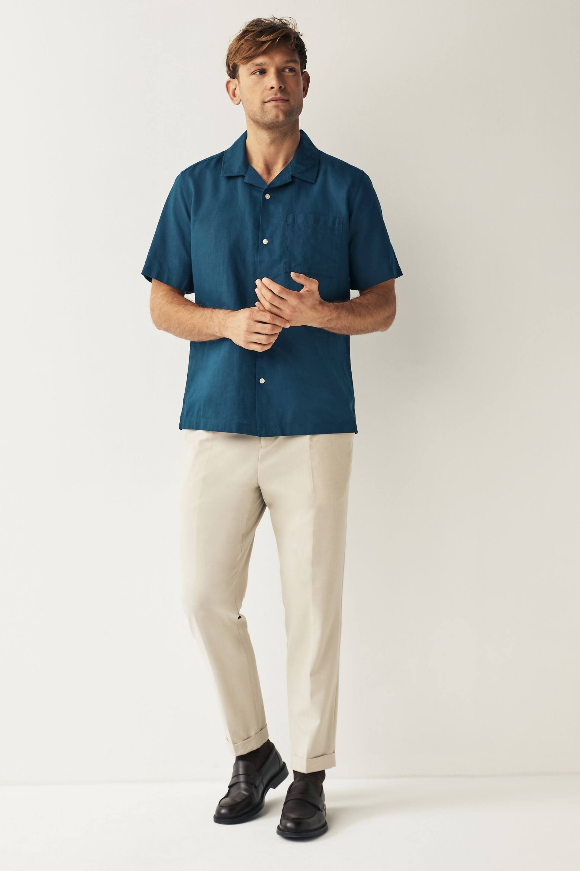 Navy Cuban Collar Linen Blend Short Sleeve Shirt - Image 3 of 7
