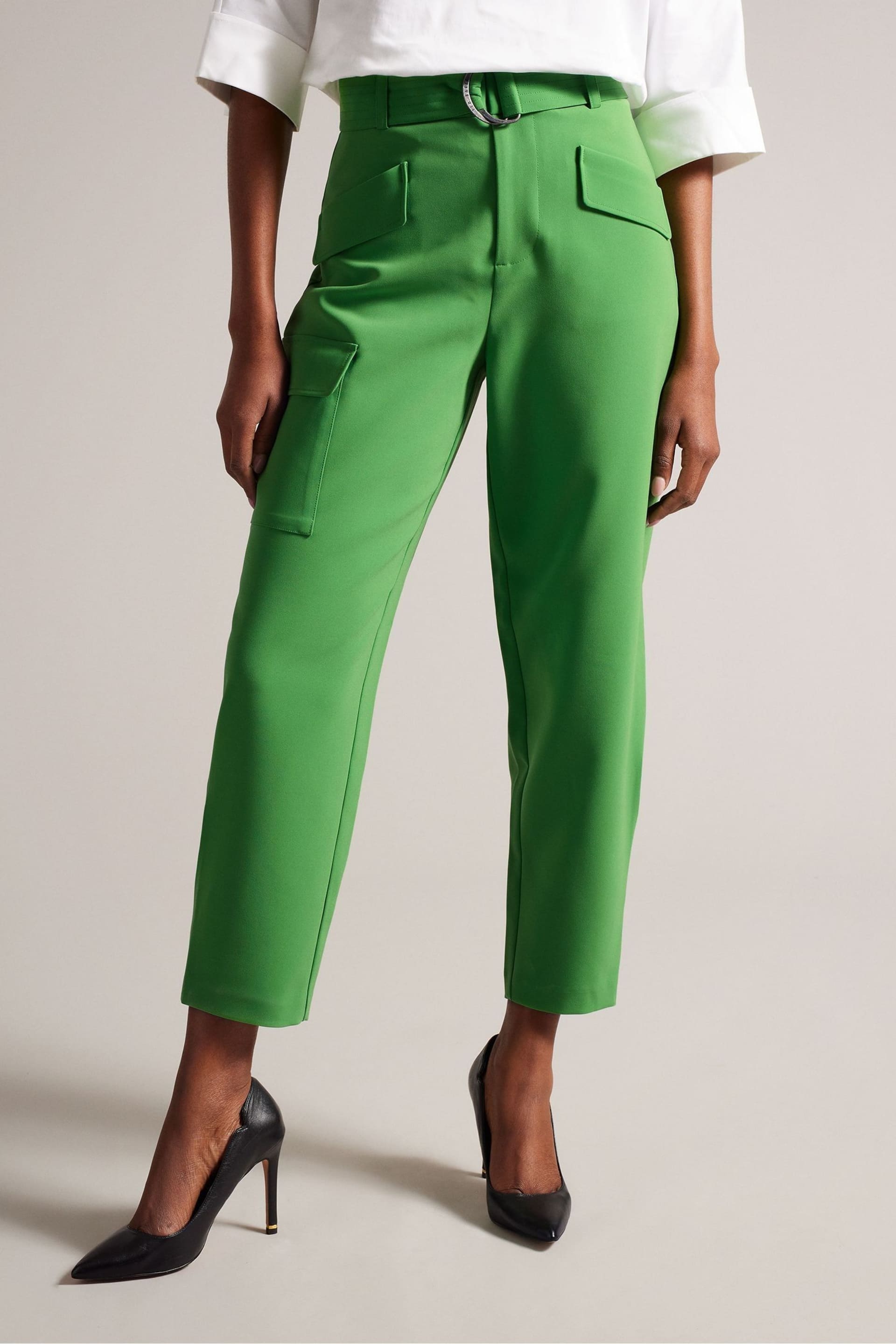 Ted Baker Green Gracieh High Waisted Belted Tapered Cargo Trousers - Image 2 of 5