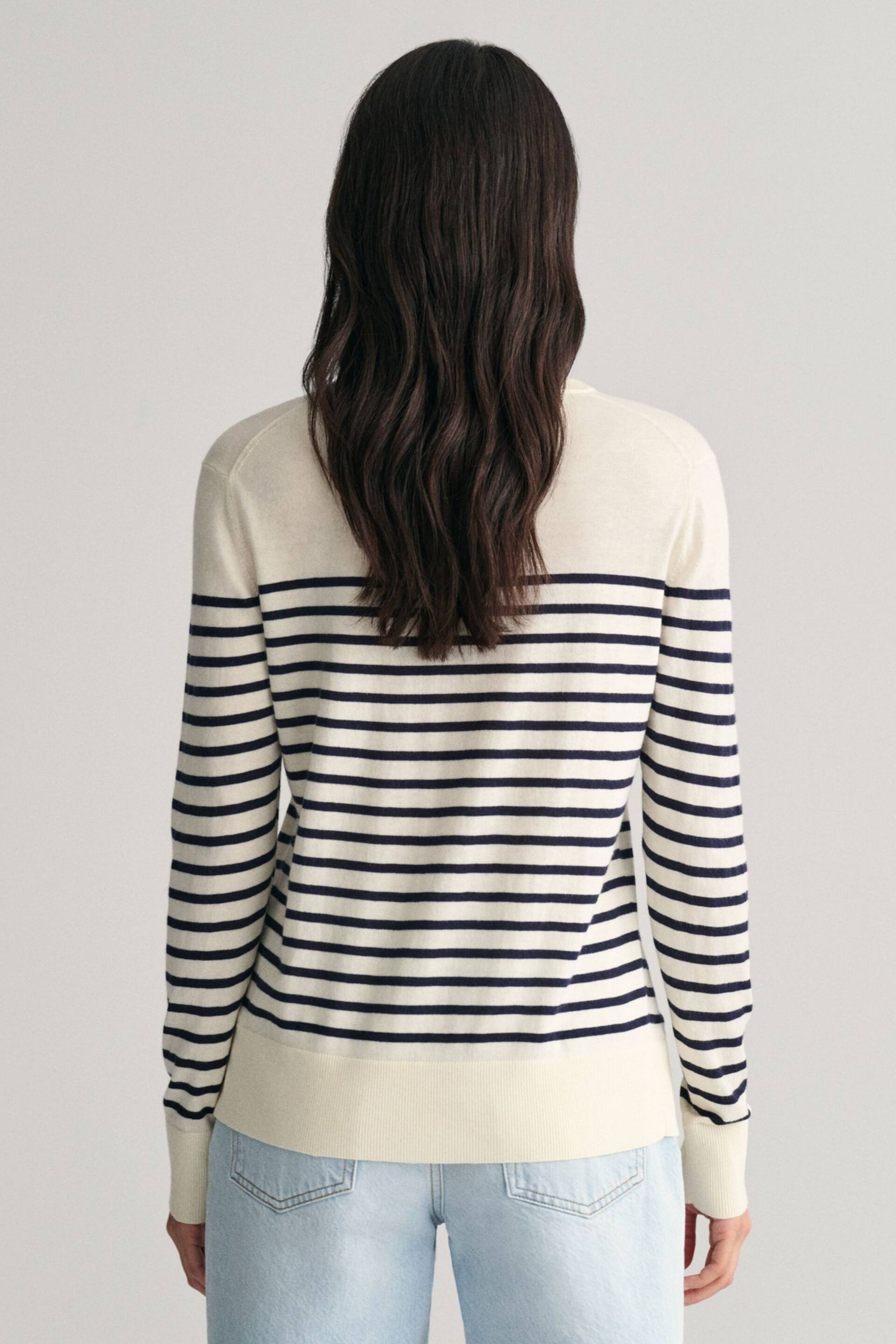 GANT Cream Fine Knit Striped Crew Neck Jumper - Image 2 of 6