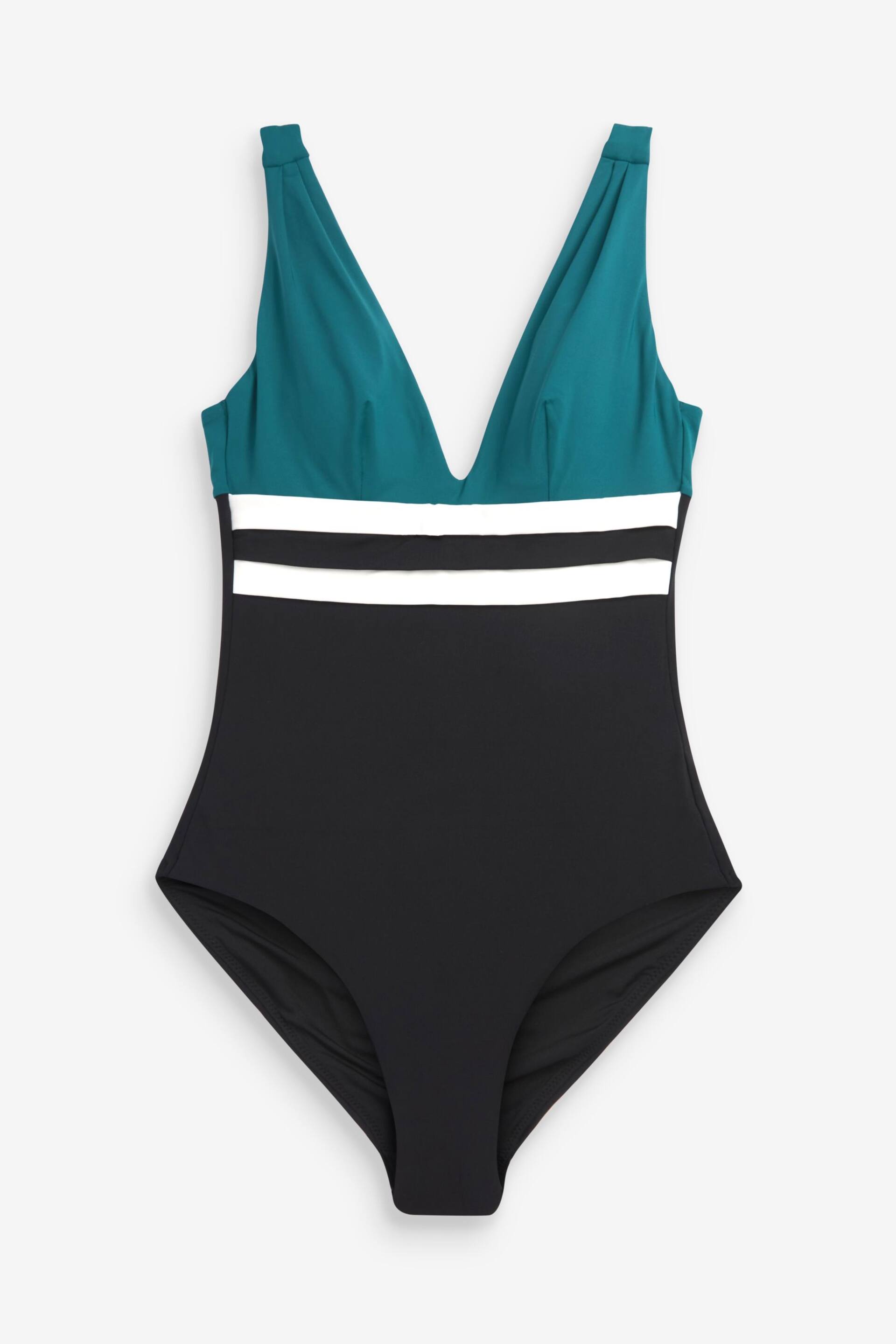 Teal Green Colourblock Print Plunge Tummy Shaping Control Swimsuit - Image 5 of 6