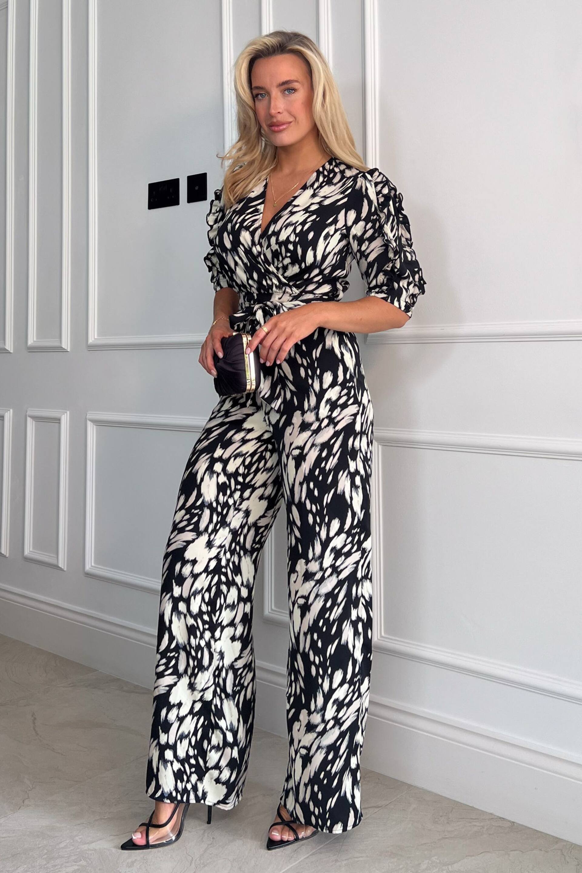 Girl In Mind Black/Cream Spot Petite Fizz Puff Sleeve Wide Leg Jumpsuit - Image 3 of 4