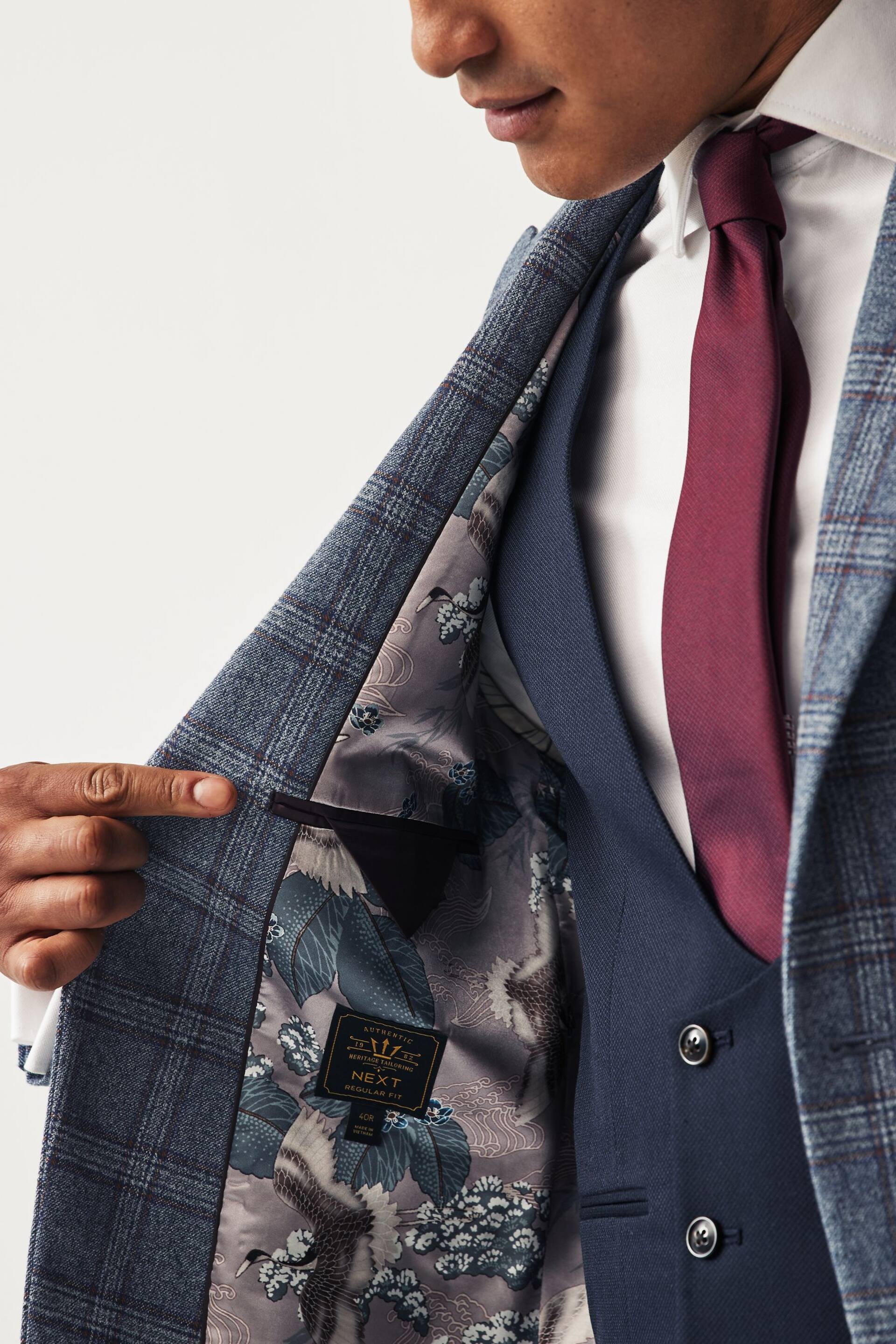 Blue Slim Fit Trimmed Check Suit Jacket - Image 3 of 11