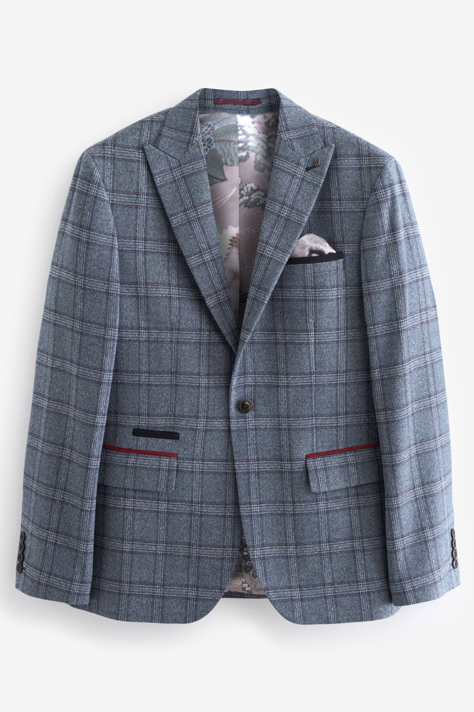 Blue Slim Fit Trimmed Check Suit Jacket - Image 7 of 11