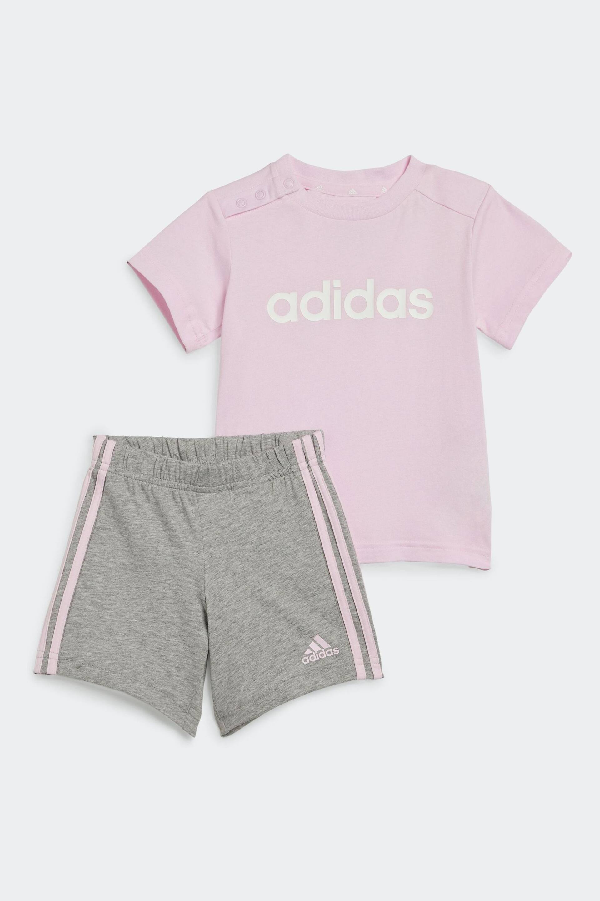adidas Pink/Grey Sportswear Essentials Lineage Organic Cotton T-Shirt And Shorts Set - Image 1 of 6