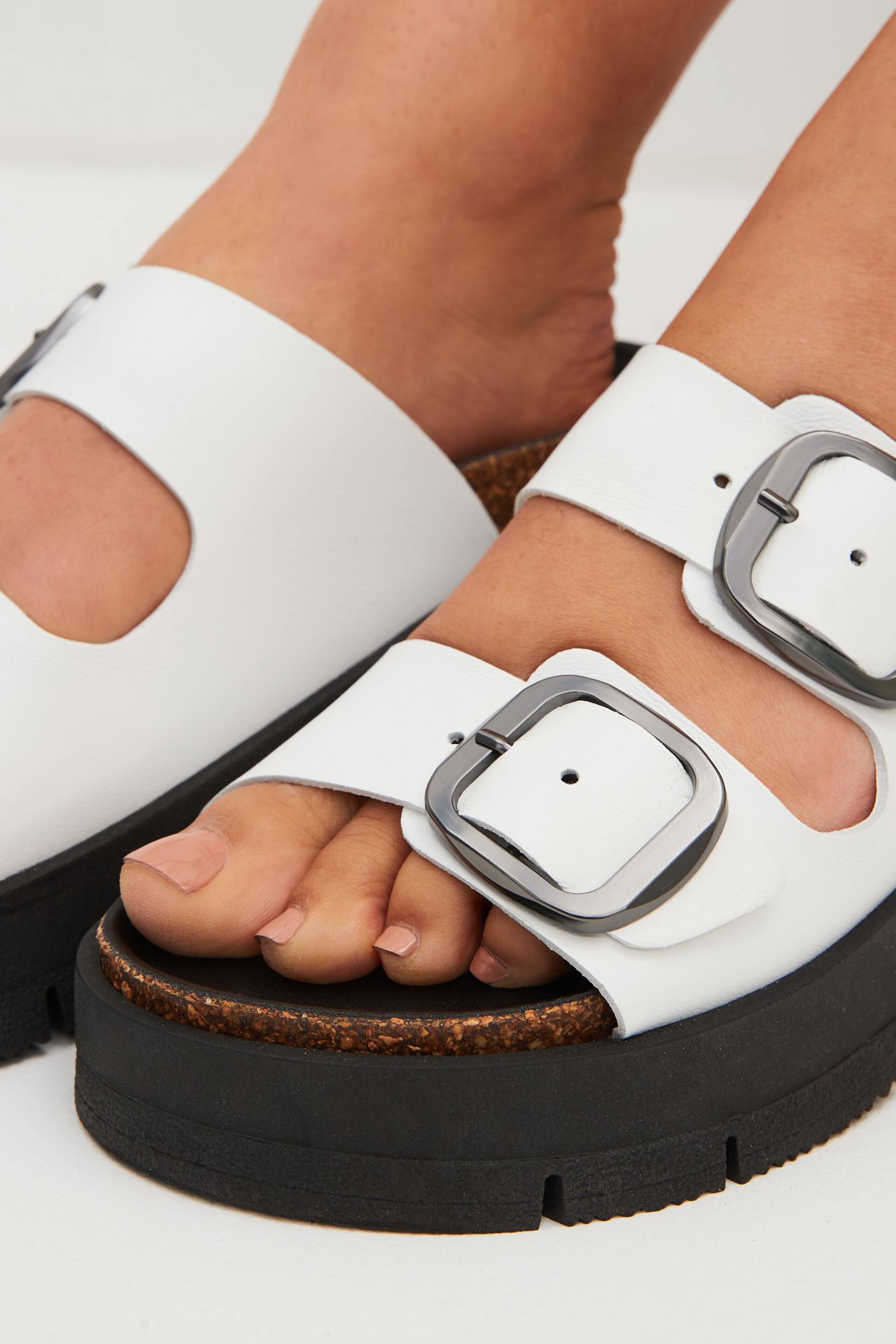 White Forever Comfort® Leather Double Buckle Flatform Sandals - Image 2 of 7