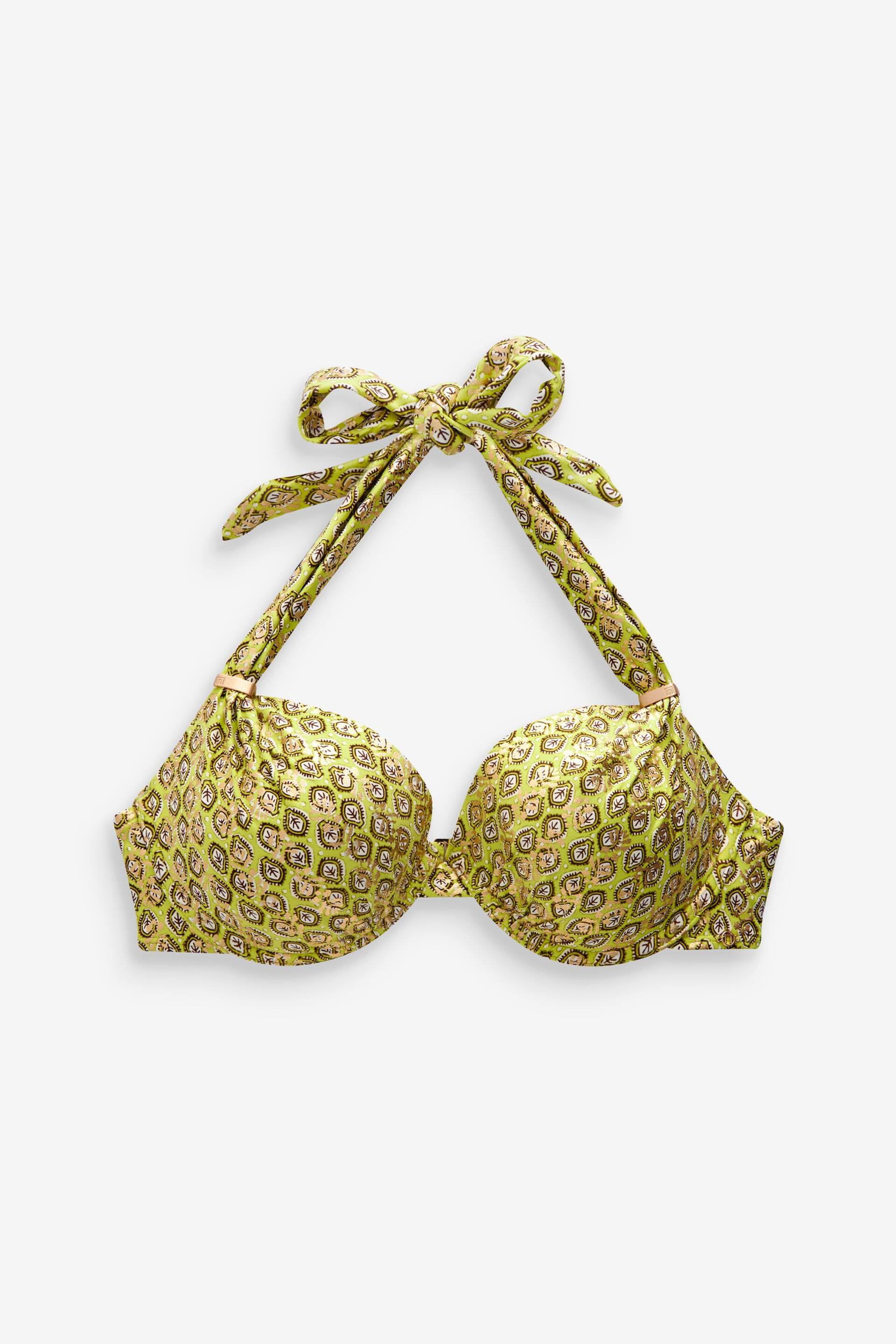 Lime Green Foil Woodblock Padded Shaping Wired Halter Bikini Top - Image 6 of 7