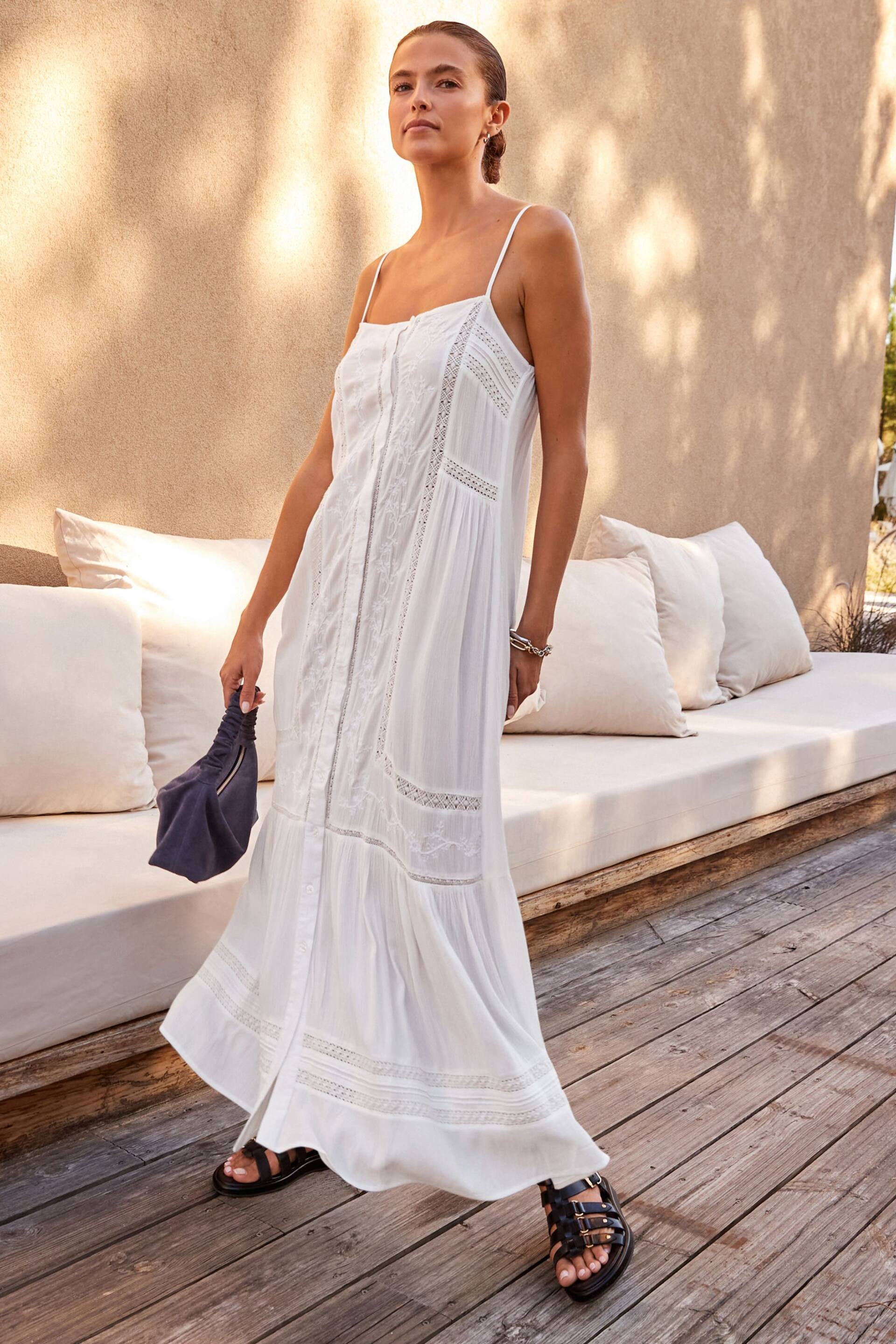 White Embroidered Strappy Maxi Summer Dress - Image 5 of 8