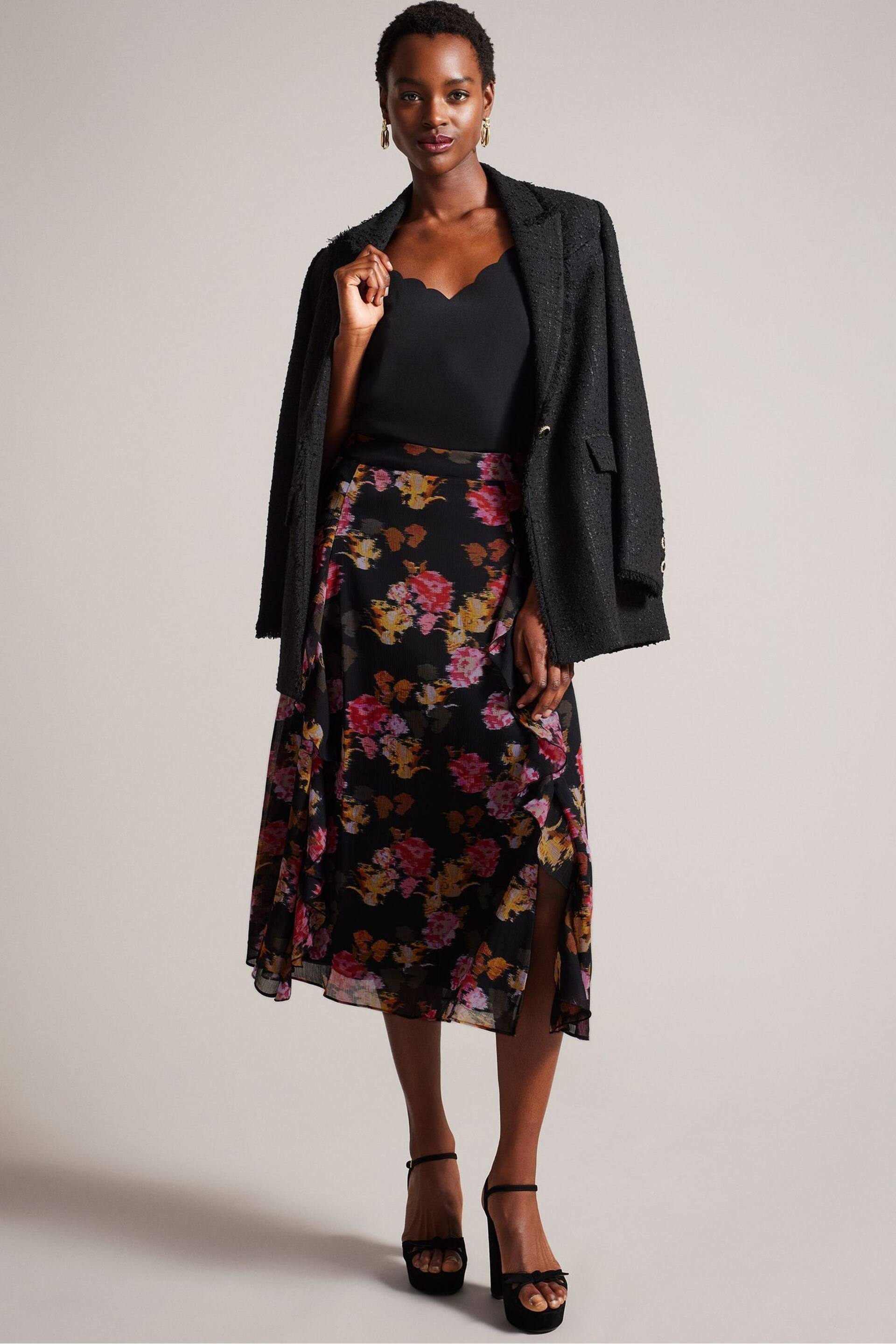 Ted Baker Black Waterfall Ruffle Pattsie Midi Skirt - Image 3 of 5