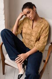 Brown 3/4 Sleeve Floral Broderie Notch Neck Top - Image 2 of 6