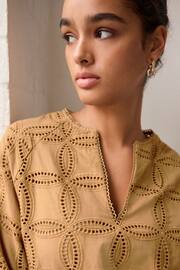 Brown 3/4 Sleeve Floral Broderie Notch Neck Top - Image 4 of 6