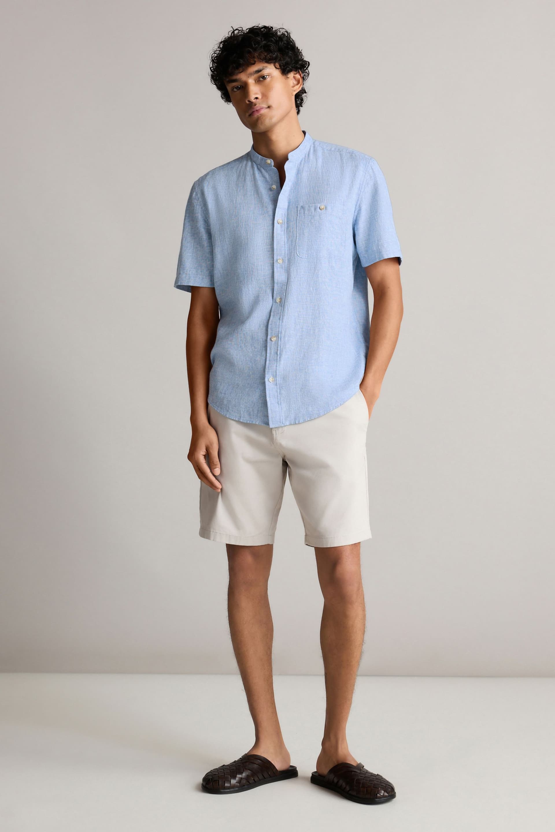 Blue Grandad Collar Linen Blend Short Sleeve Shirt - Image 2 of 7