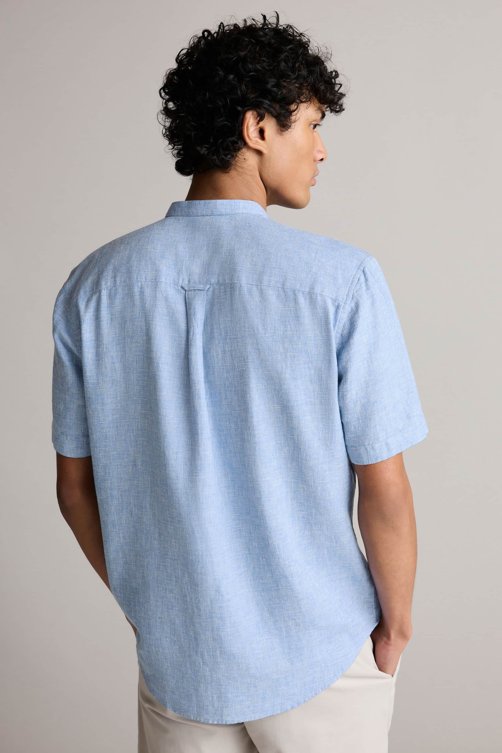 Blue Grandad Collar Linen Blend Short Sleeve Shirt - Image 3 of 7