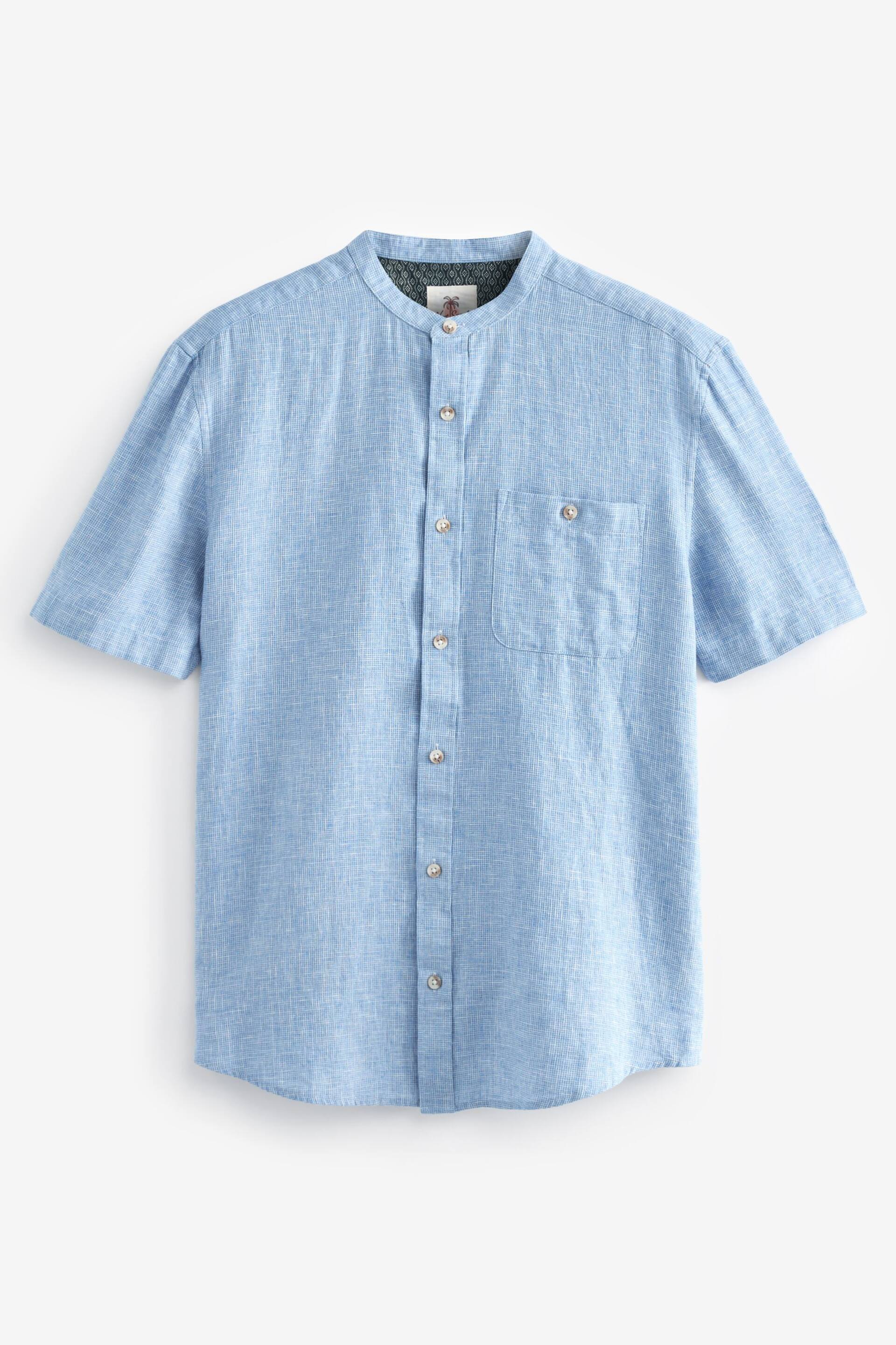 Blue Grandad Collar Linen Blend Short Sleeve Shirt - Image 5 of 7