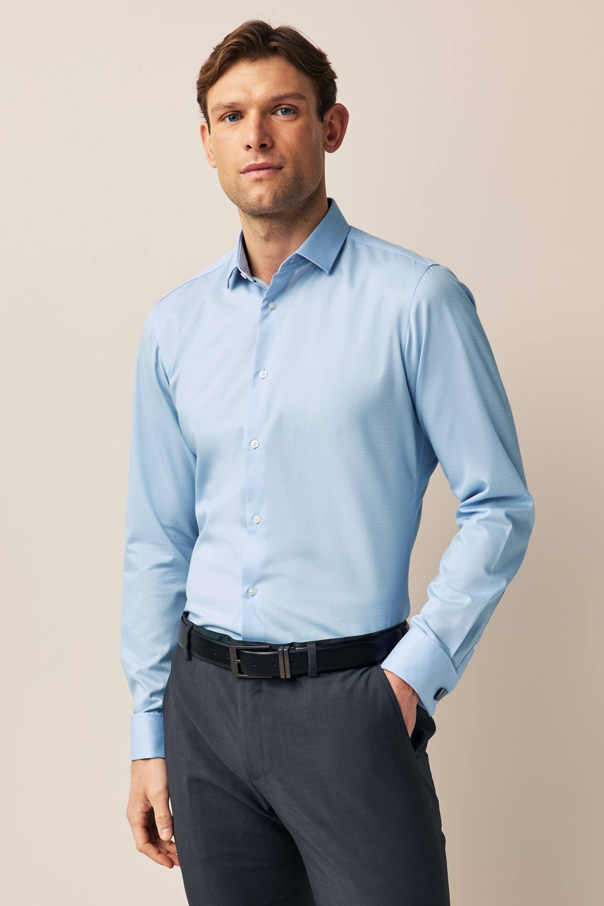 Blue Slim Fit Double Cuff Easy Care Textured Shirt - Image 3 of 8