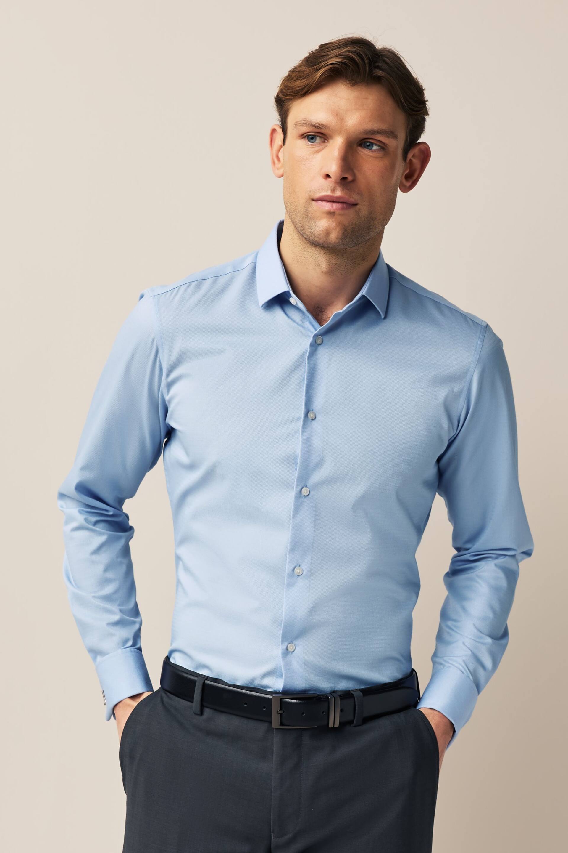 Blue Slim Fit Double Cuff Easy Care Textured Shirt - Image 4 of 8