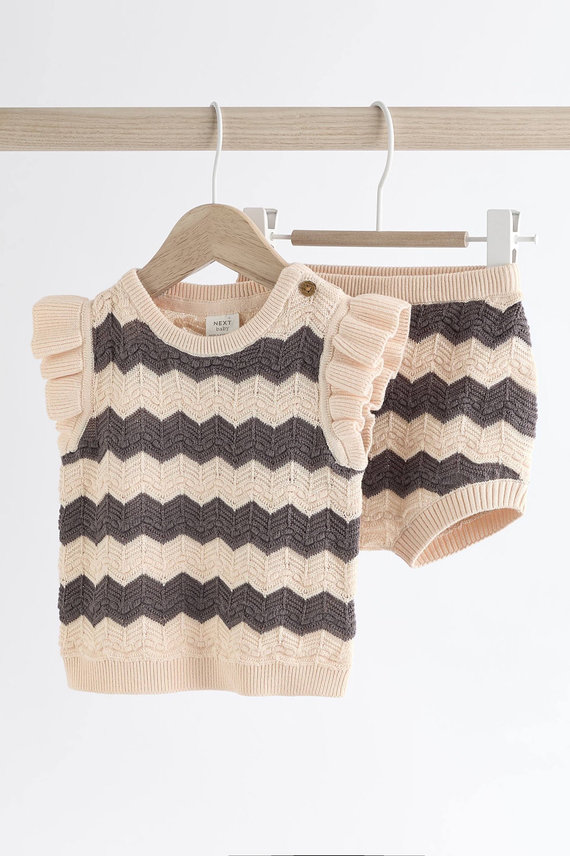 Tan/ Monochrome Zig Zag Stripe Baby Knitted Crochet Top And Shorts Set (0mths-2yrs) - Image 1 of 9