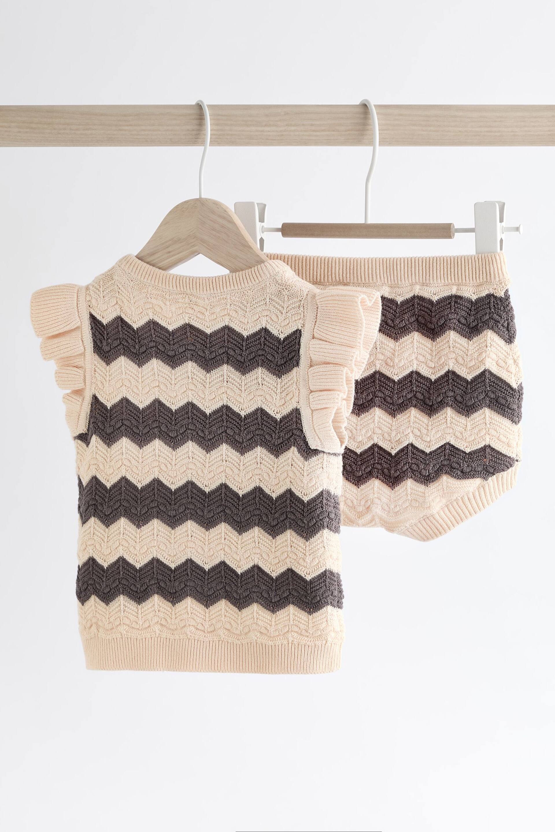 Tan/ Monochrome Zig Zag Stripe Baby Knitted Crochet Top And Shorts Set (0mths-2yrs) - Image 2 of 9
