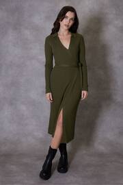 Threadbare Green Ribbed Wrap Dress - Image 1 of 4