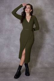 Threadbare Green Ribbed Wrap Dress - Image 3 of 4