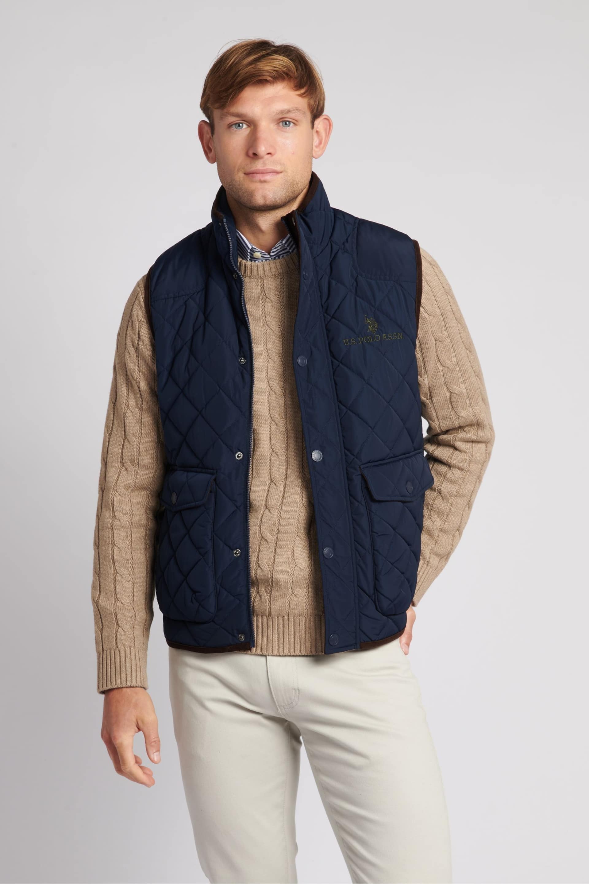 U.S. Polo Assn. Mens Blue Quilted Hacking Gilet - Image 1 of 8
