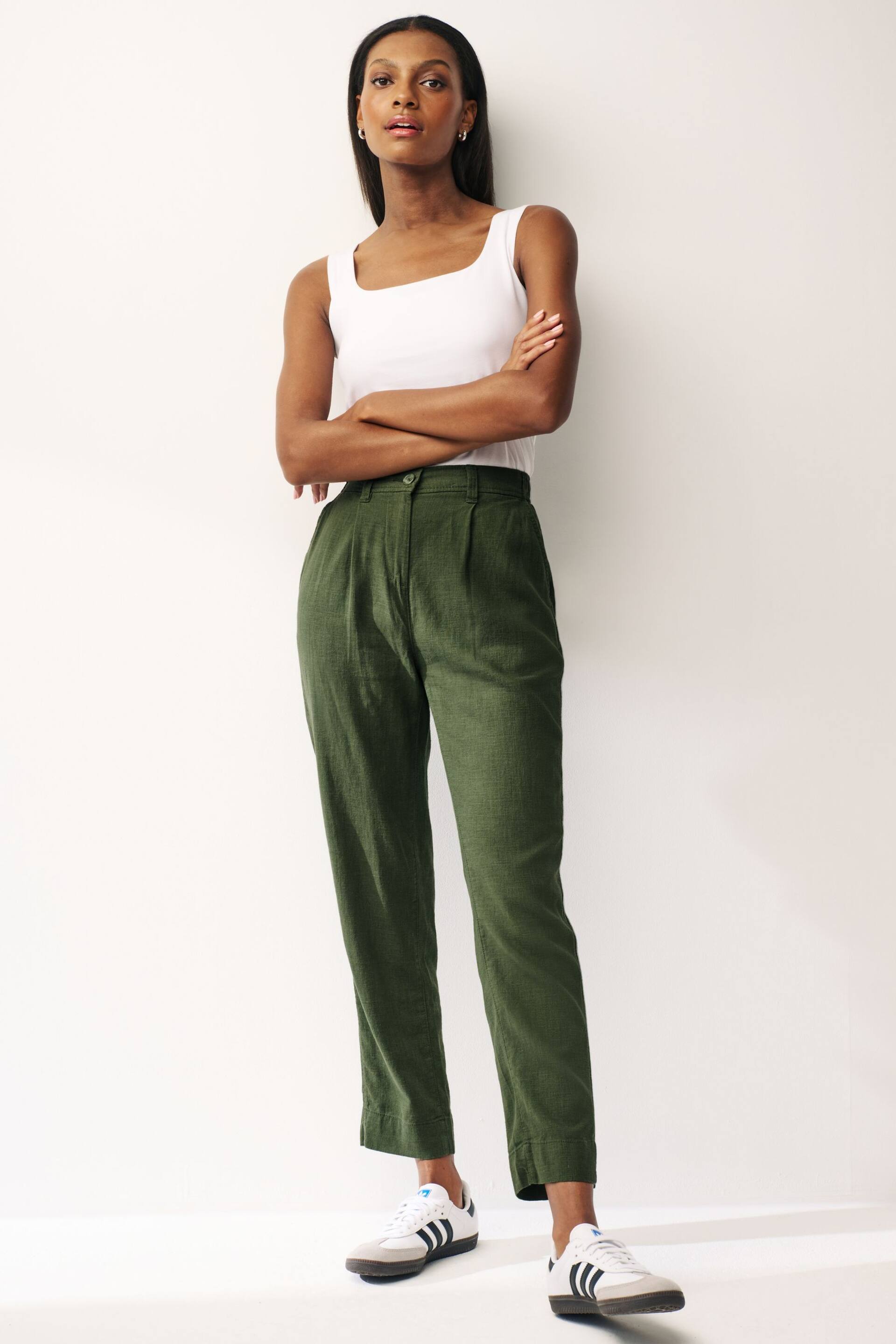 Khaki Green Linen Blend Taper Trousers - Image 1 of 6