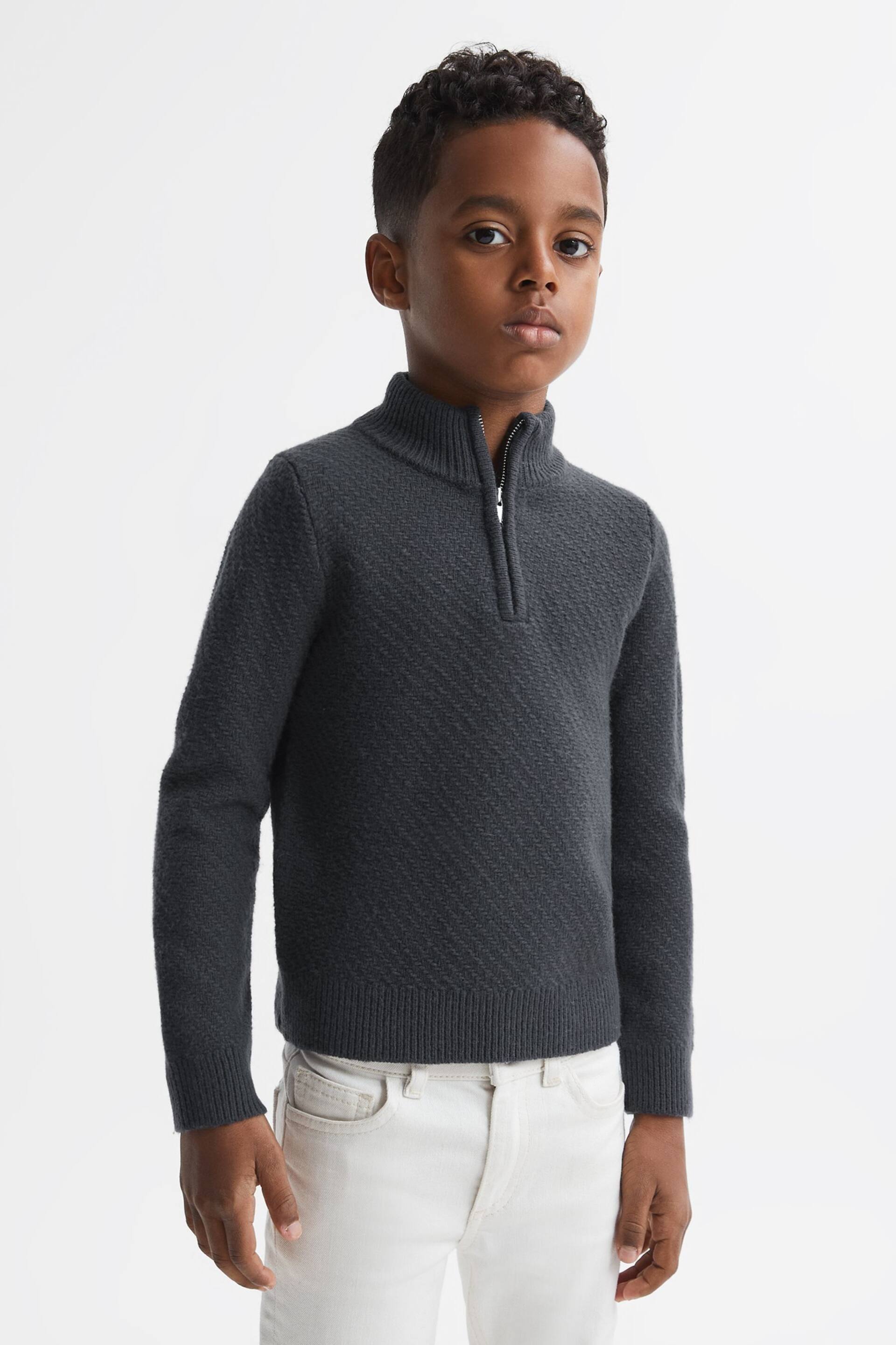 Reiss Anthracite Grey Tempo Senior Slim Fit Knitted Half-Zip Funnel Neck Jumper - Image 1 of 5