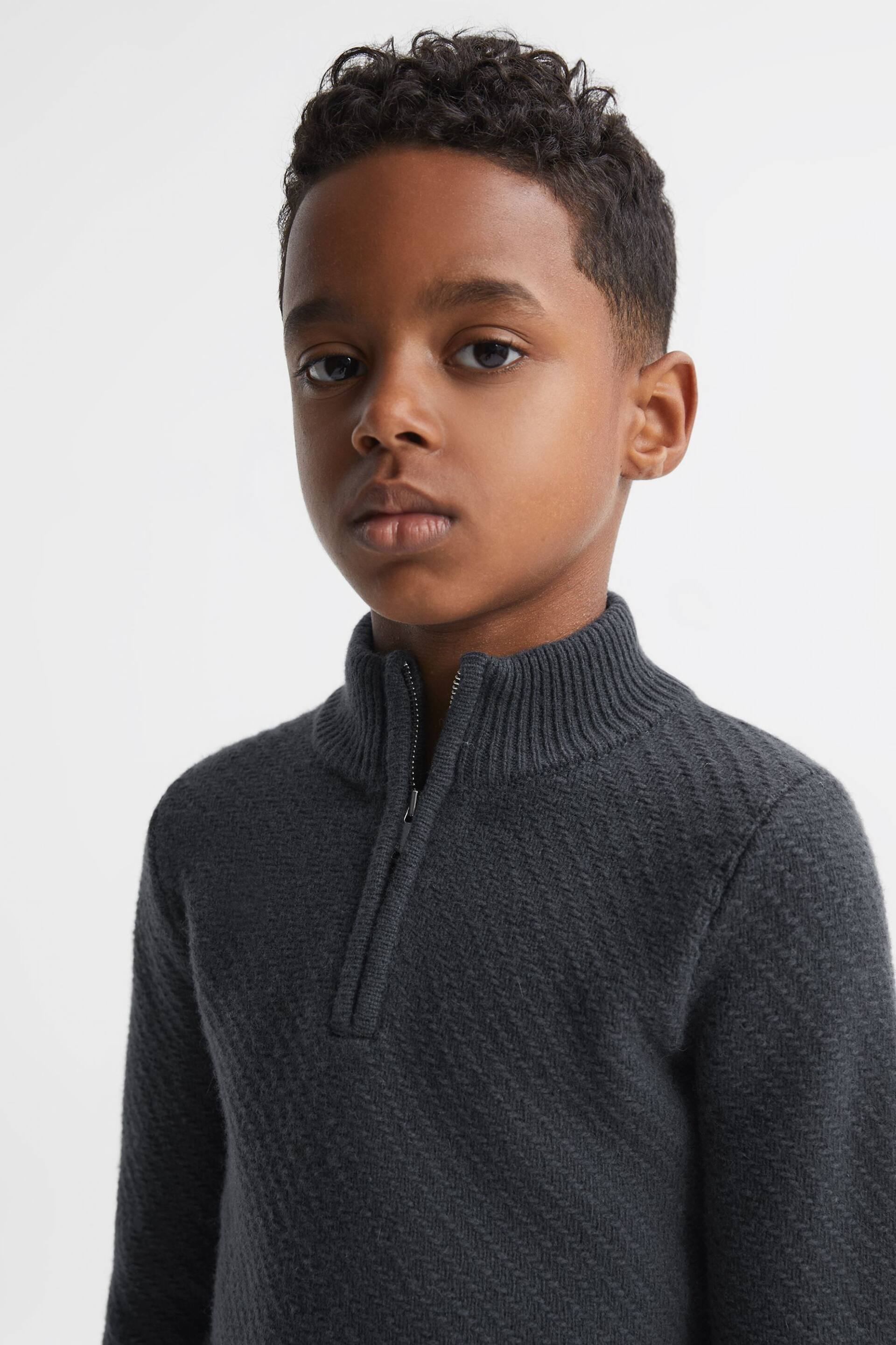 Reiss Anthracite Grey Tempo Senior Slim Fit Knitted Half-Zip Funnel Neck Jumper - Image 3 of 5