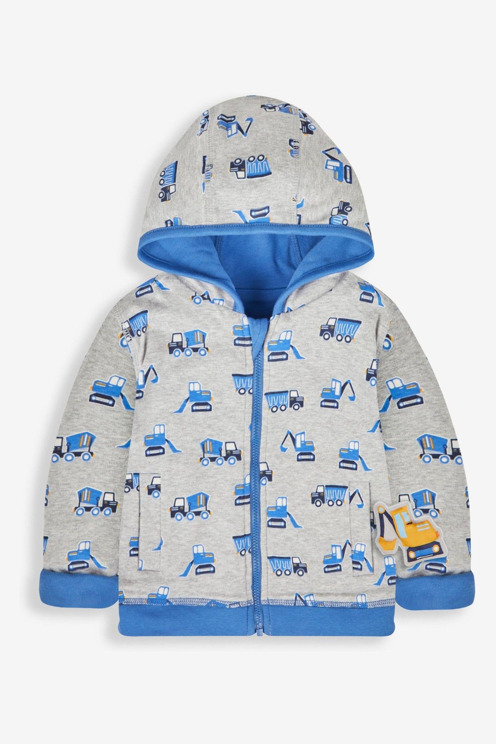 JoJo Maman Bébé Denim Blue Digger Appliqué Reversible Hoodie With Pet In Pocket - Image 5 of 8