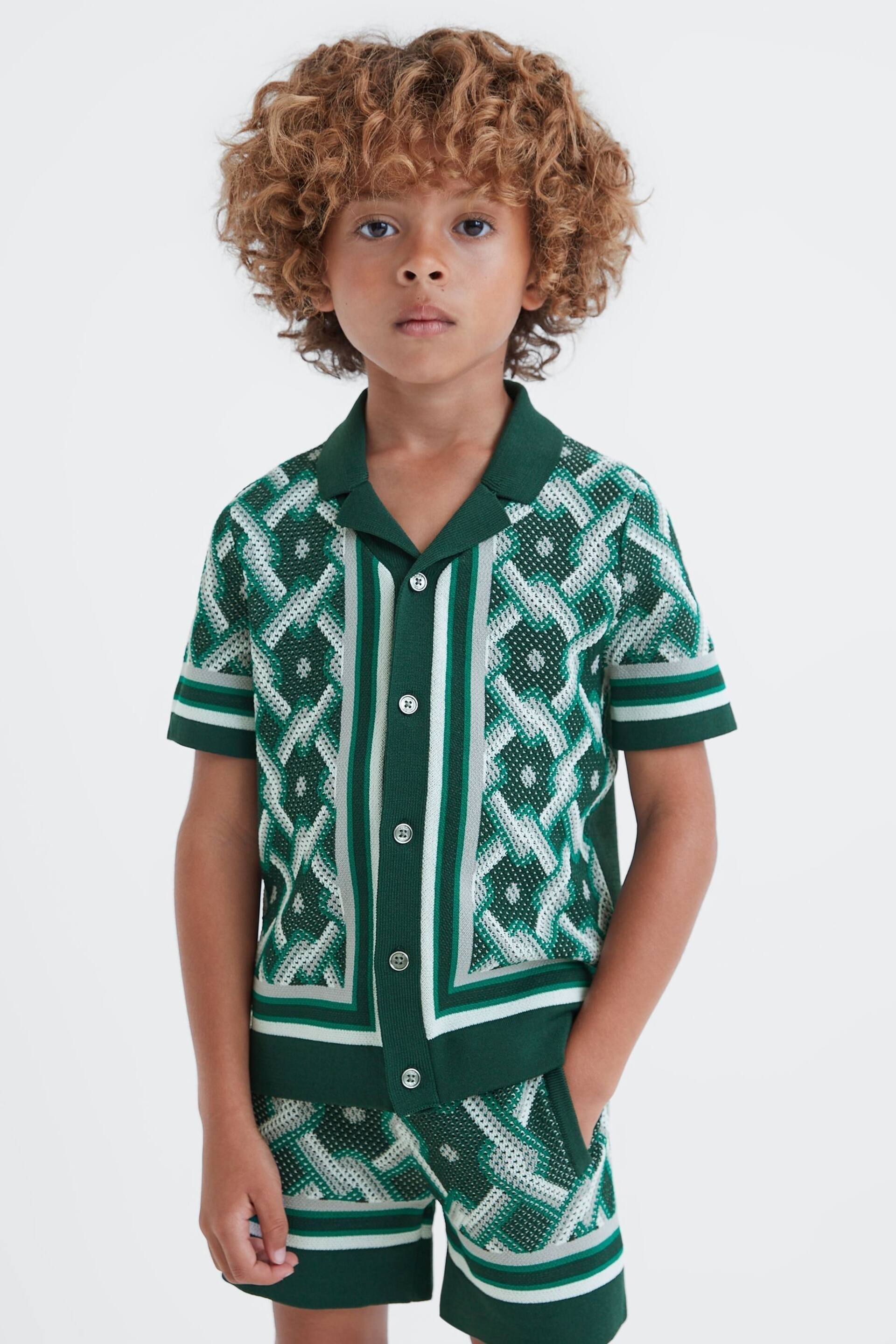 Reiss Green Multi Hyde Junior Knitted Cuban Collar Button-Through Shirt - Image 1 of 6