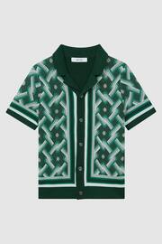 Reiss Green Multi Hyde Junior Knitted Cuban Collar Button-Through Shirt - Image 2 of 6