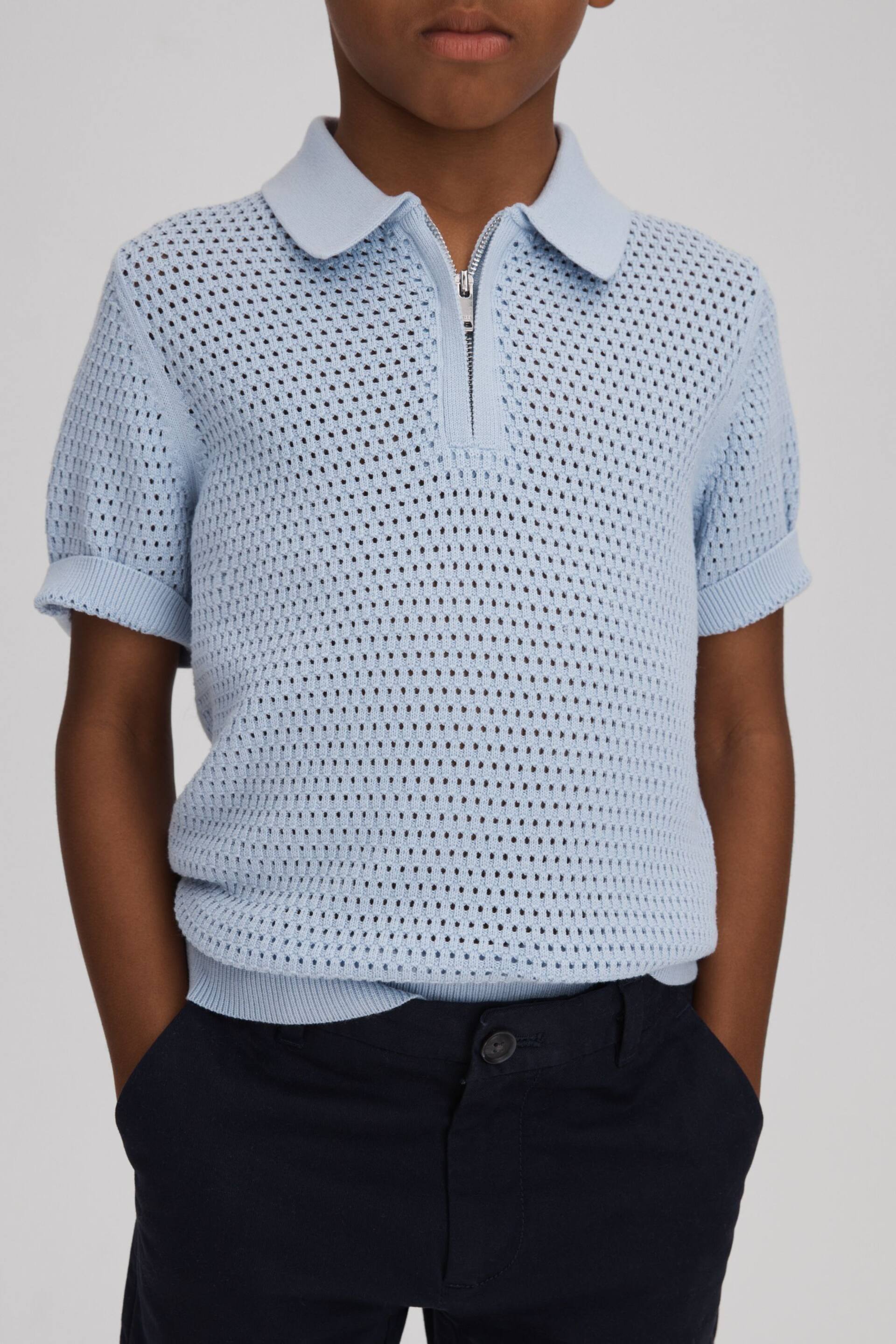 Reiss Soft Blue Burnham Junior Textured Half-Zip Polo T-Shirt - Image 1 of 4