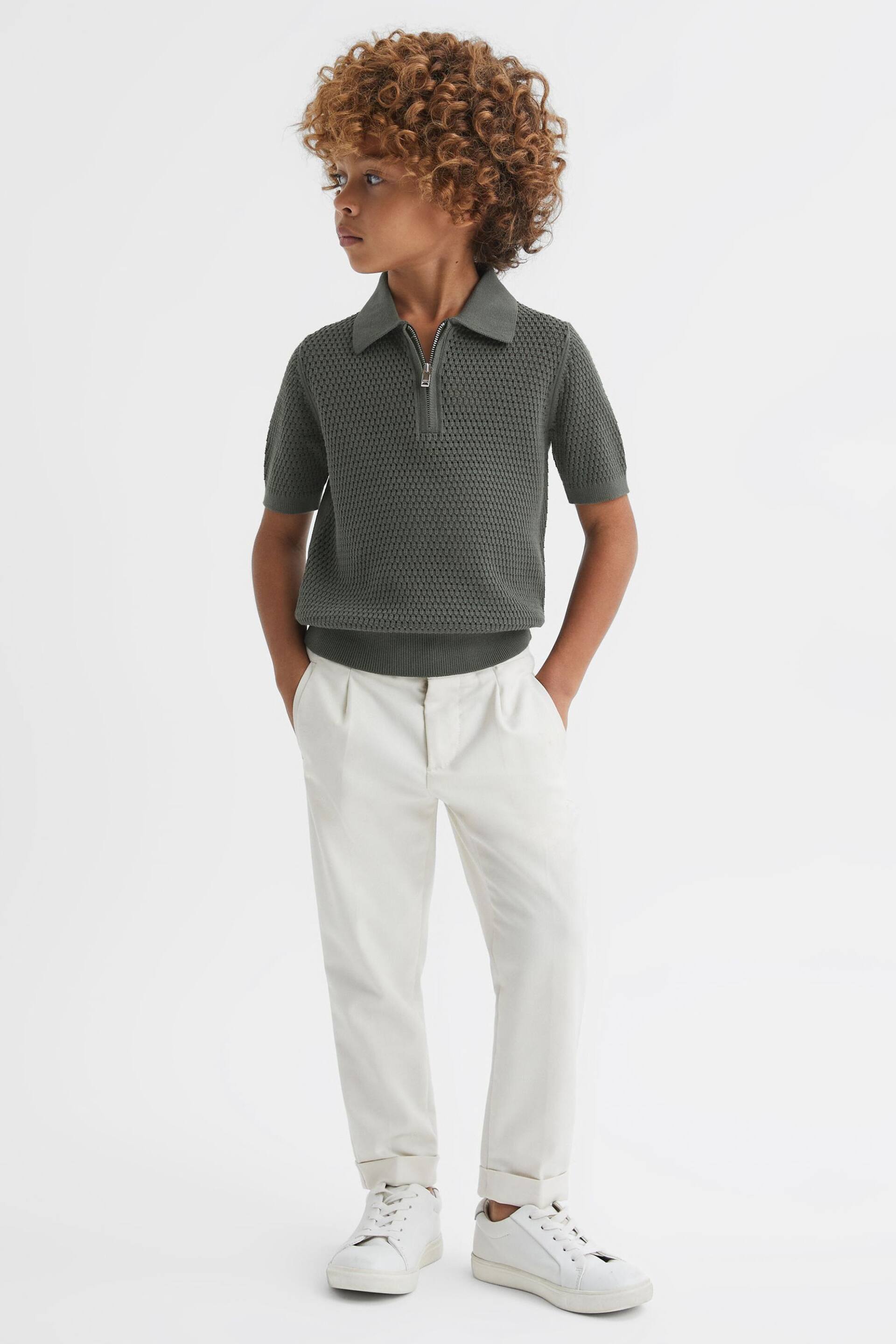 Reiss Dark Sage Burnham Junior Textured Half-Zip Polo T-Shirt - Image 1 of 6