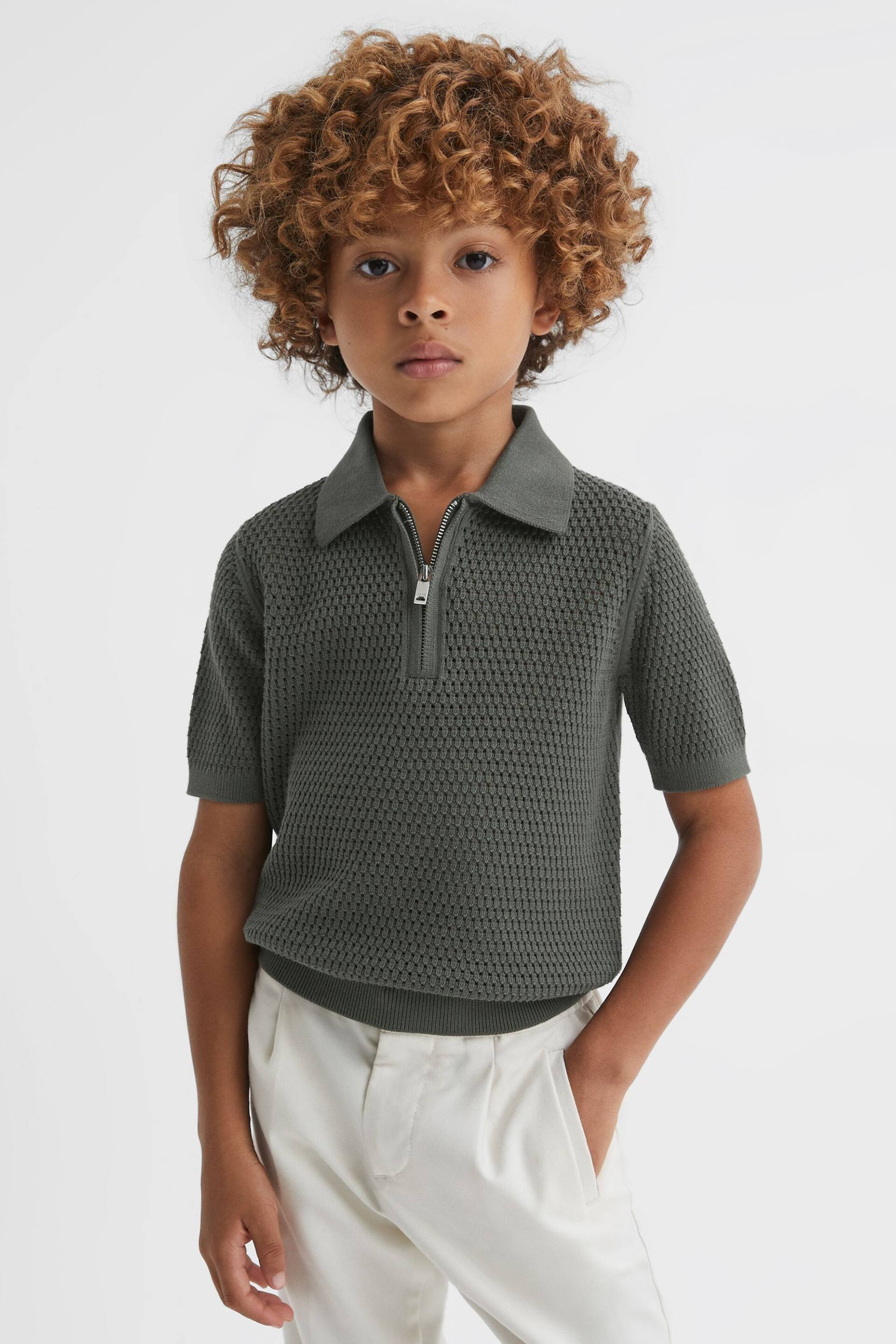 Reiss Dark Sage Burnham Junior Textured Half-Zip Polo T-Shirt - Image 3 of 6