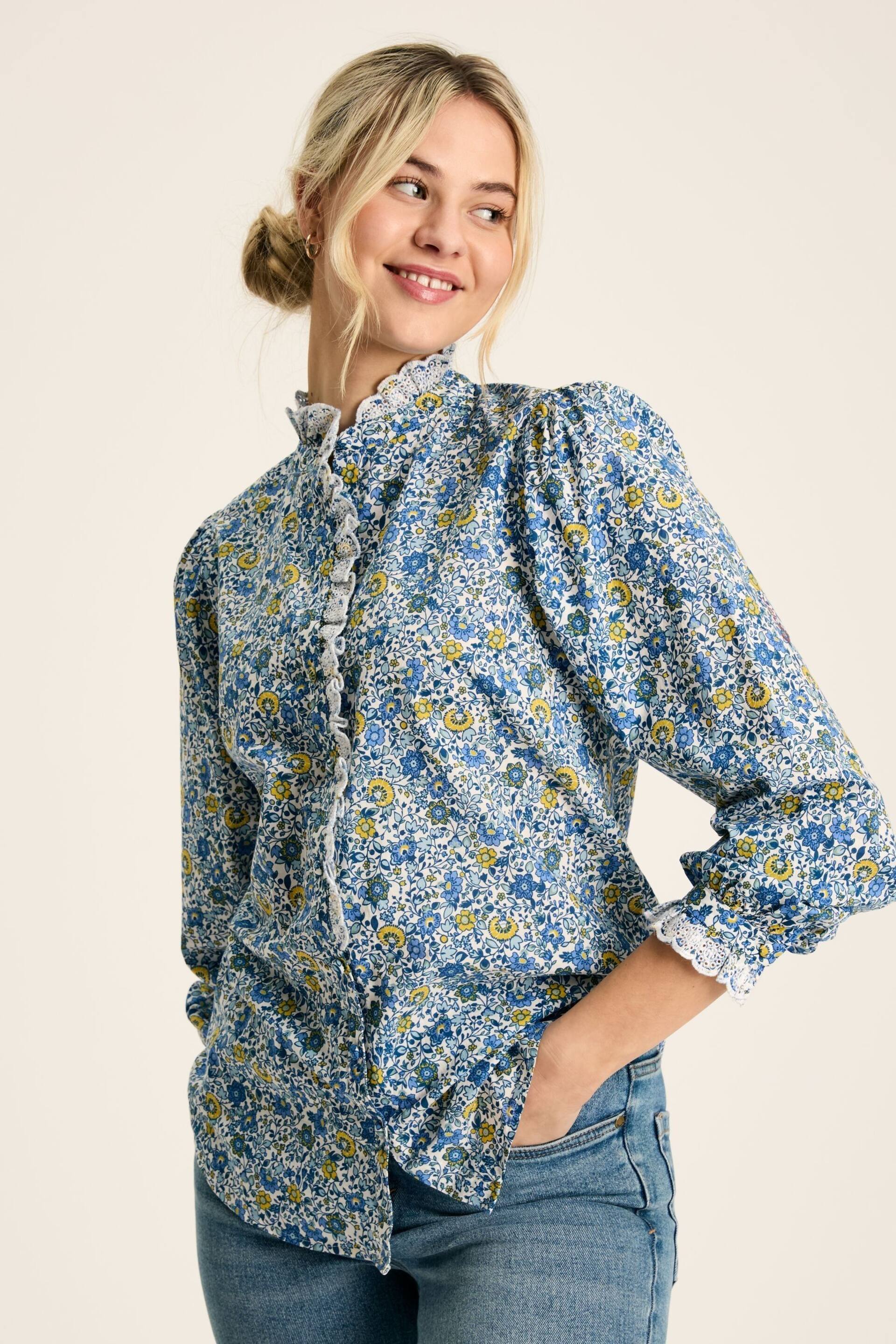 Joules Valentina Blue/White Broderie Trim Blouse - Image 1 of 6