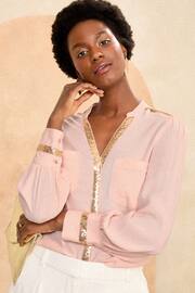 Love & Roses Pink and Gold Sequin Trim V Neck Blouse - Image 1 of 4